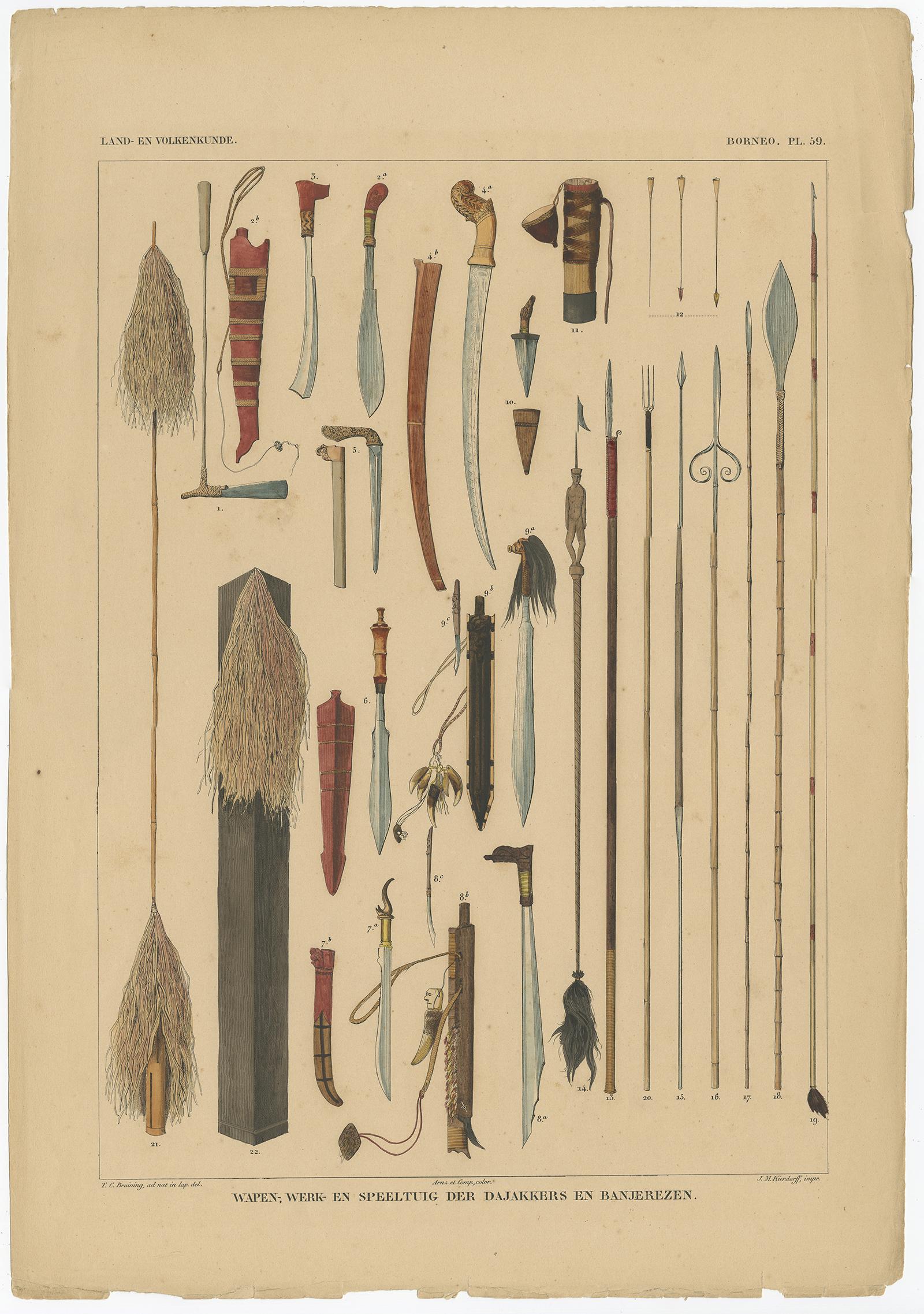 Antique Print with Weapons of Borneo 'Indonesia' by Temminck, circa 1840 In Good Condition For Sale In Langweer, NL