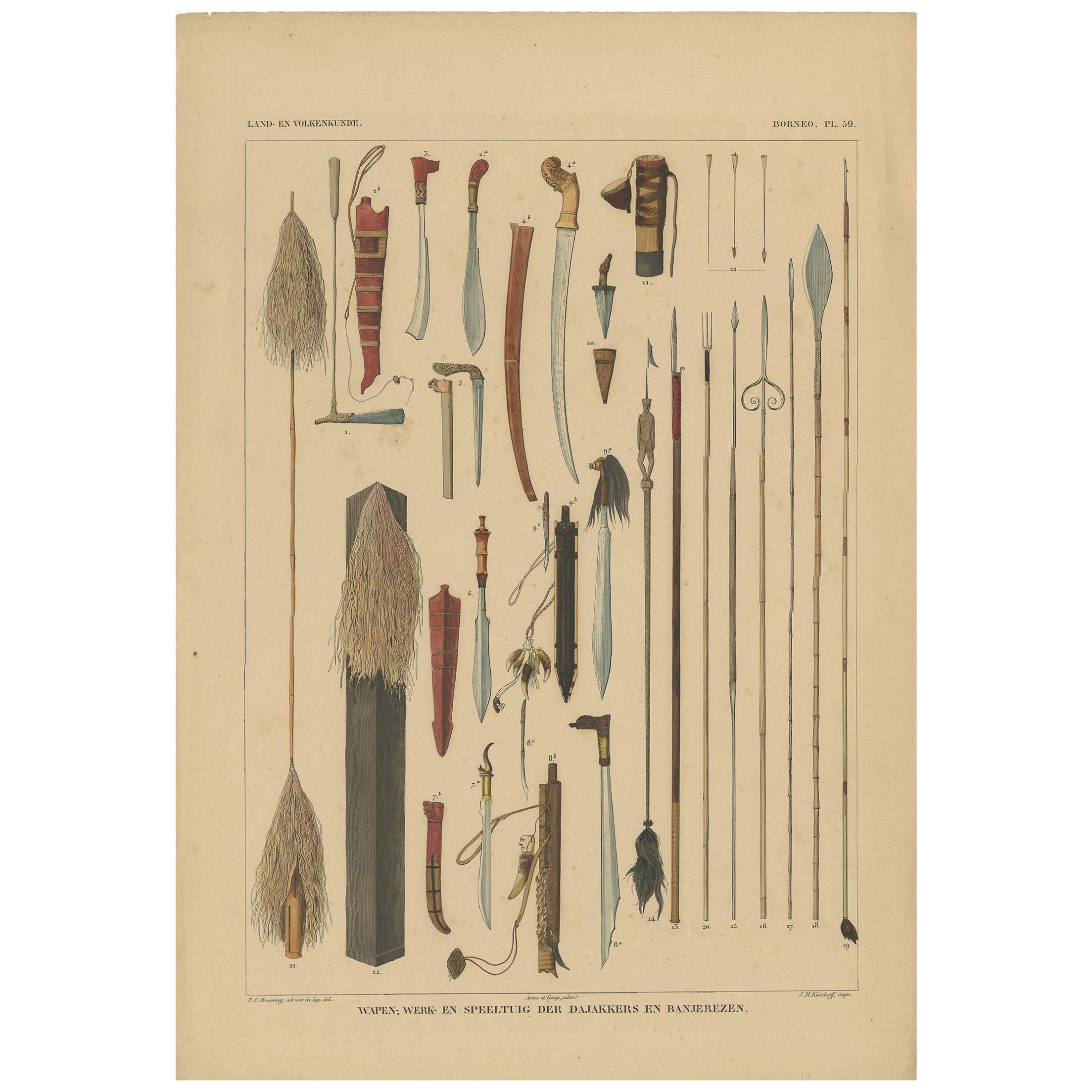 Antique Print with Weapons of Borneo 'Indonesia' by Temminck, circa 1840 For Sale