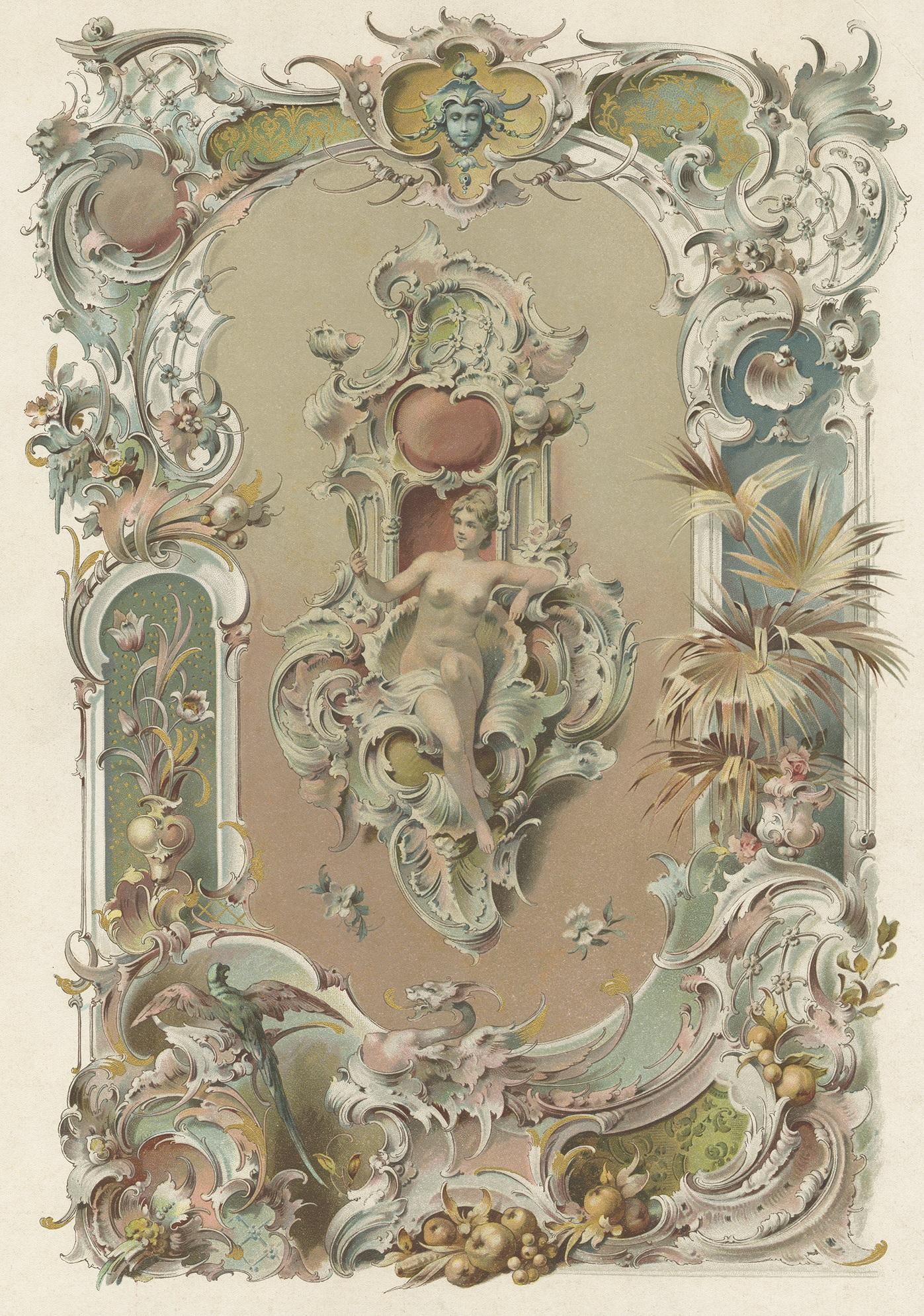Decorative print depicting a woman with mirror surrounded by a decorated border. Source unknown, to be determined.