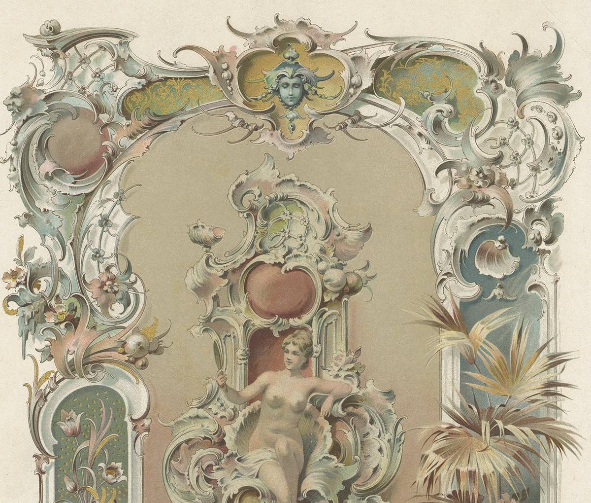 Antique Print Woman with Mirror, circa 1900