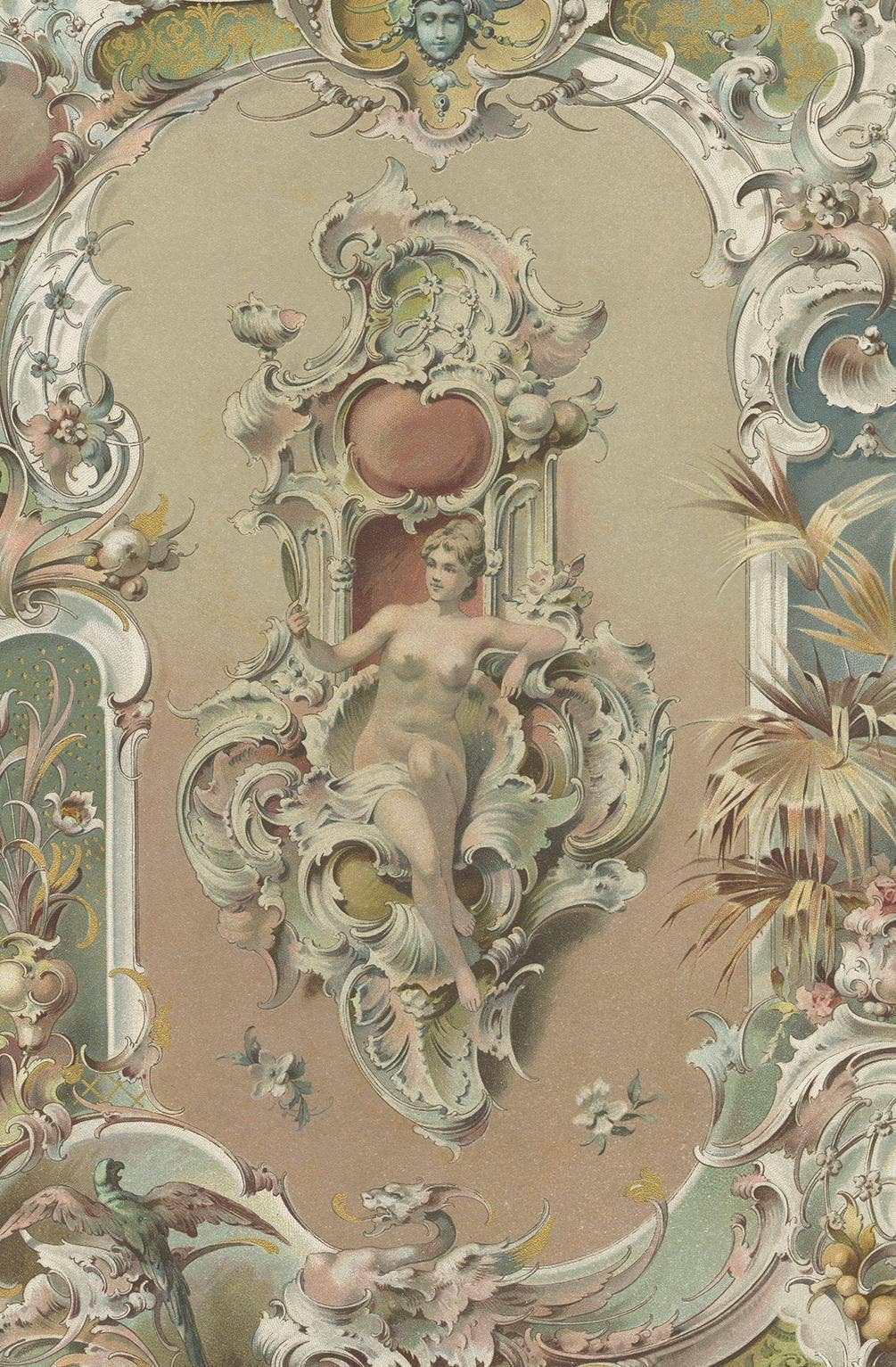 Antique Print Woman with Mirror, circa 1900