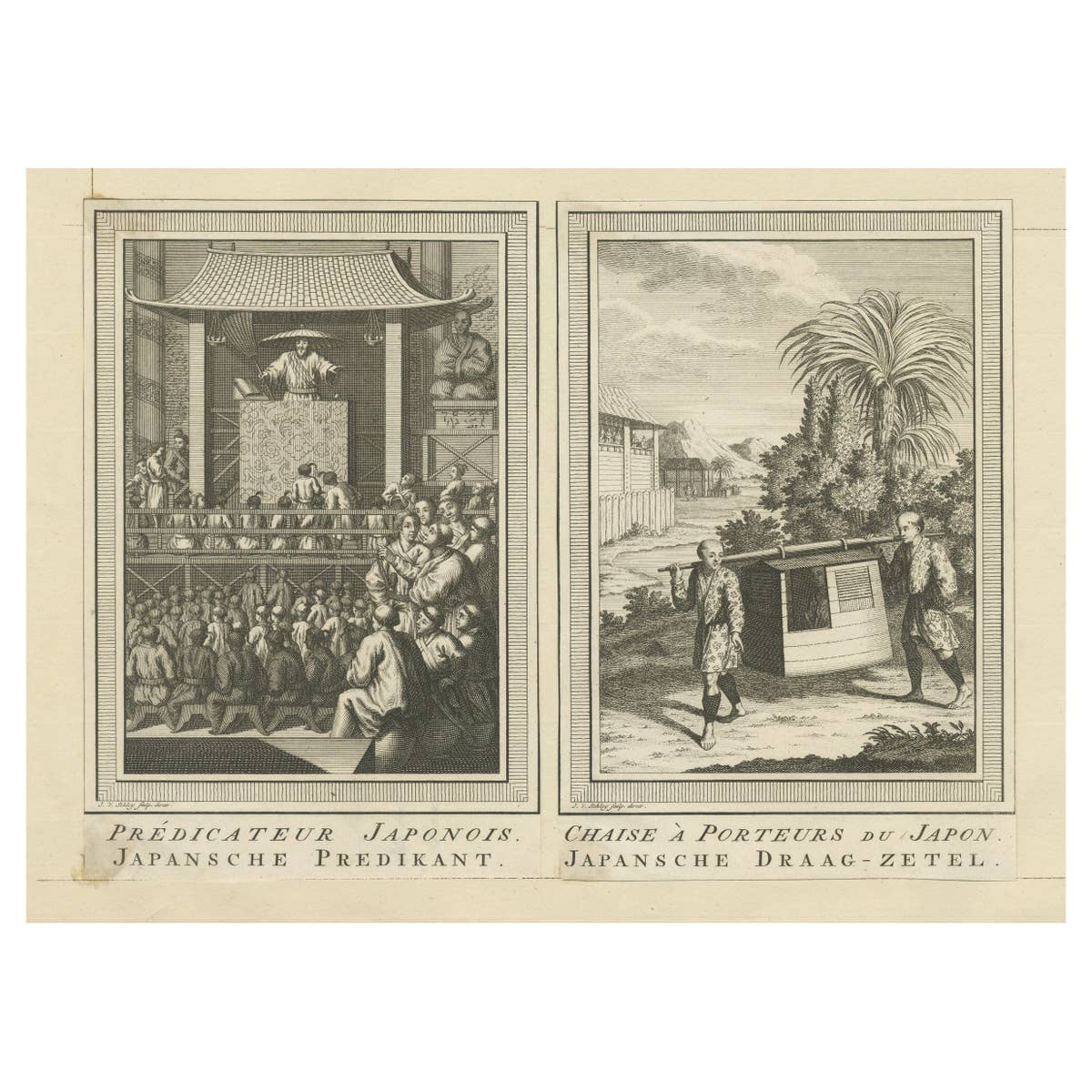 Antique Prints of a Japanese Minister and a Japanese Sedan Chair, c.1750