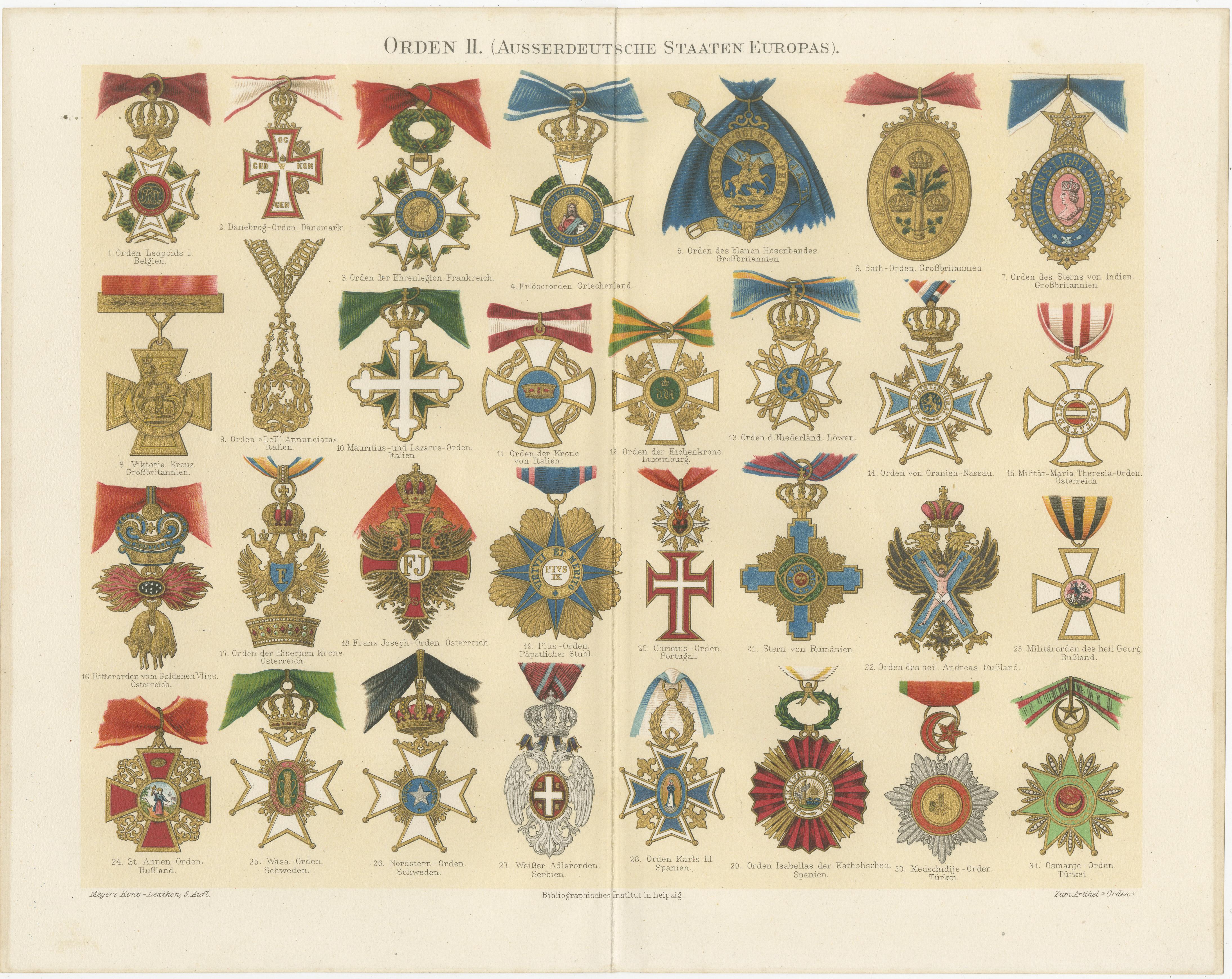 Antique Lithographs of European Orders and Medals – Meyers Konversations-Lexikon, 19th Century

A fine pair of antique chromolithographs depicting European military and civil orders, decorations, and medals, published by the Bibliographisches
