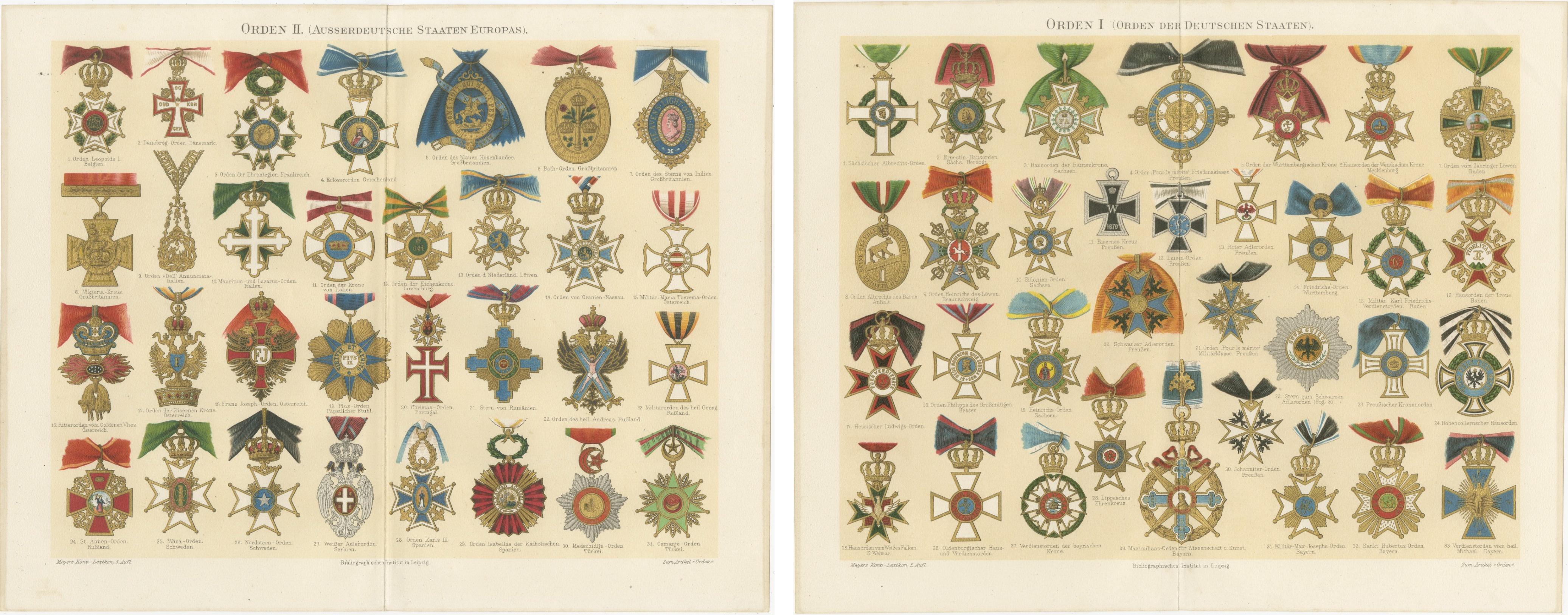 Antique Prints of European Orders, Decorations, and Medals, 19th Century Bon état - En vente à Langweer, NL
