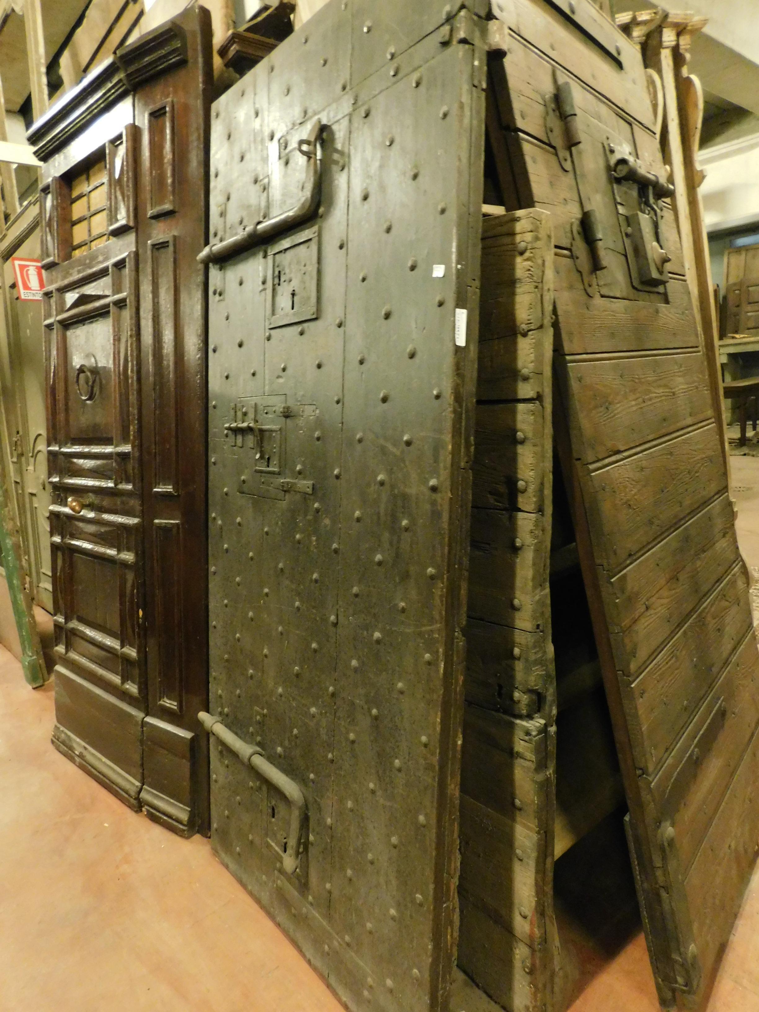 Antique prison door in black wood with nails, Italian  3