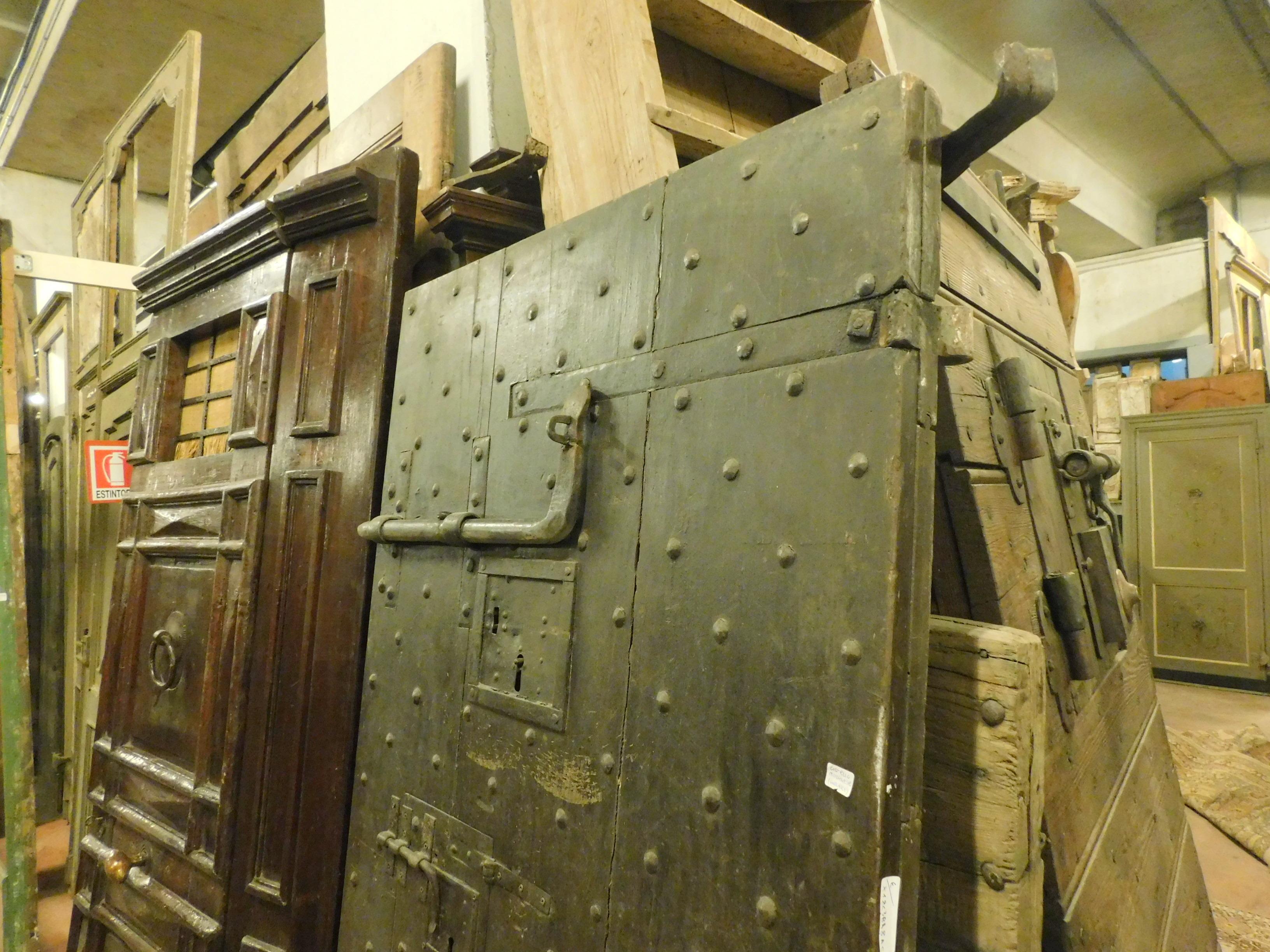 Antique prison door in black wood with nails, Italian  2