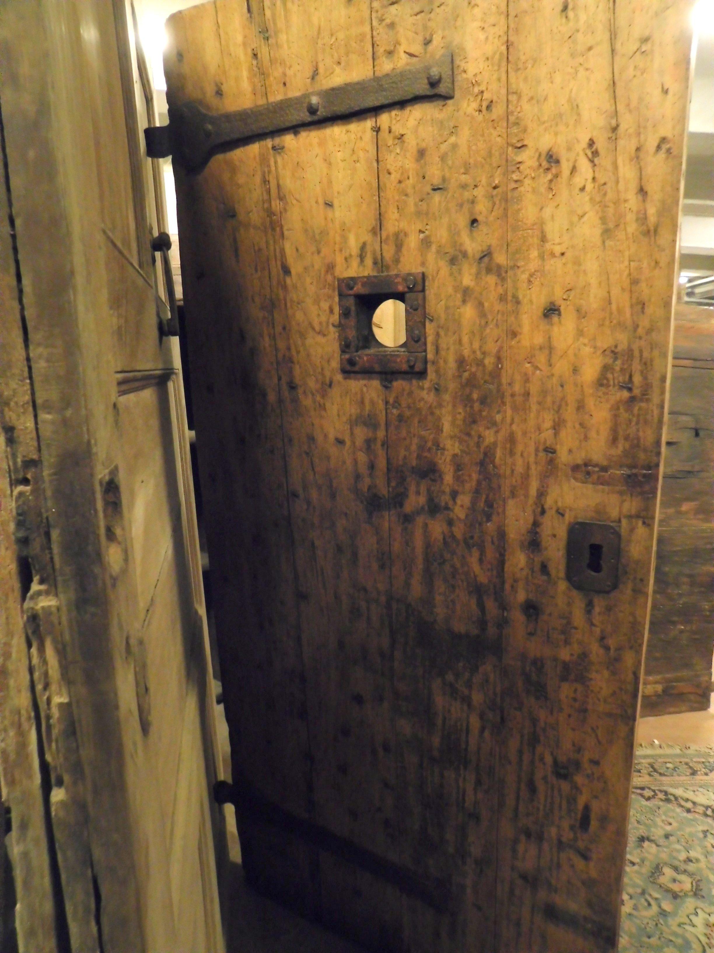 Antique Prison Door in Brown Poplar, Original Irons, 19th Century, Italy 7