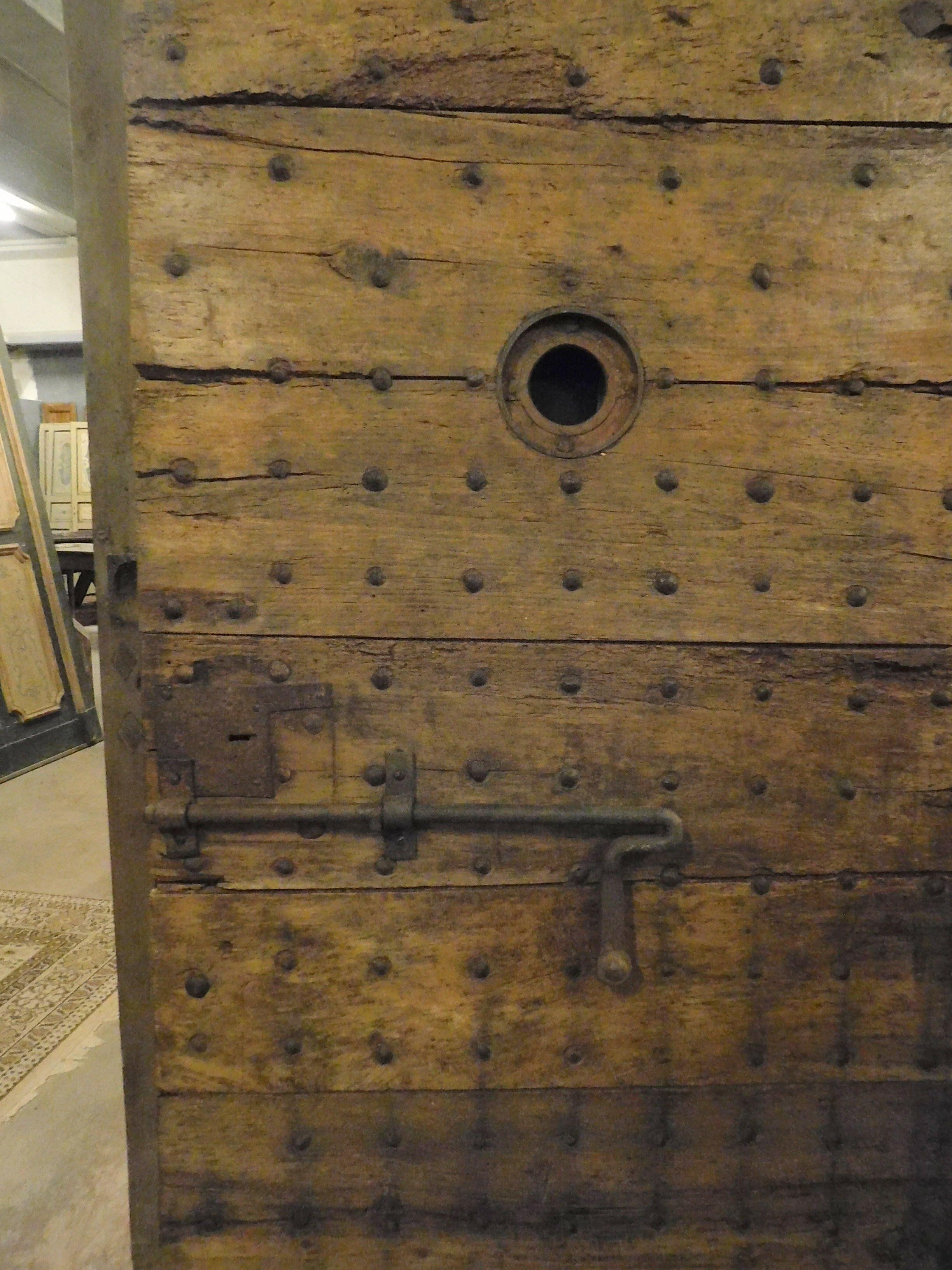 Italian Antique Prison Door in Brown Poplar, Original Irons, 19th Century, Italy