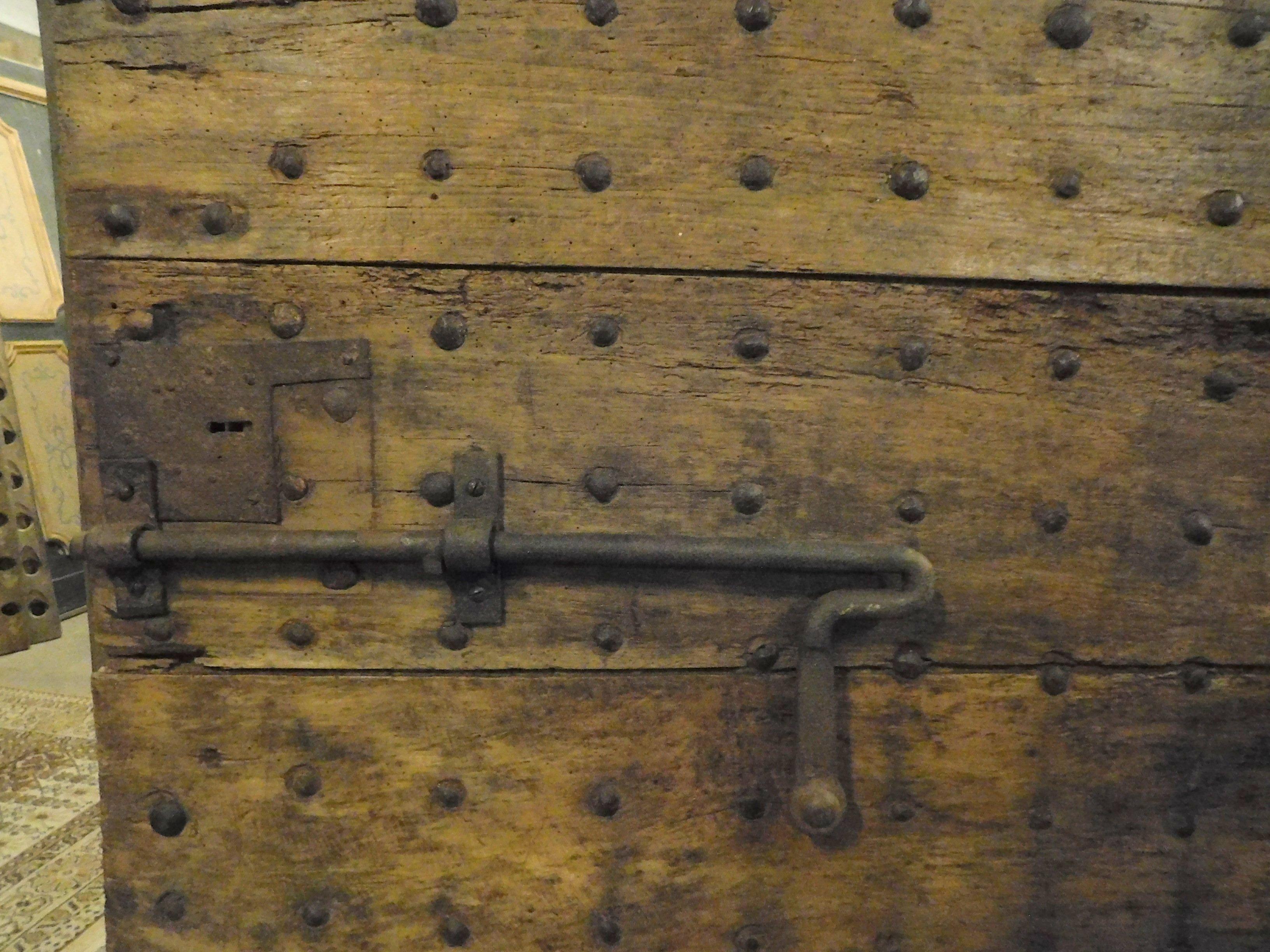 Hand-Carved Antique Prison Door in Brown Poplar, Original Irons, 19th Century, Italy