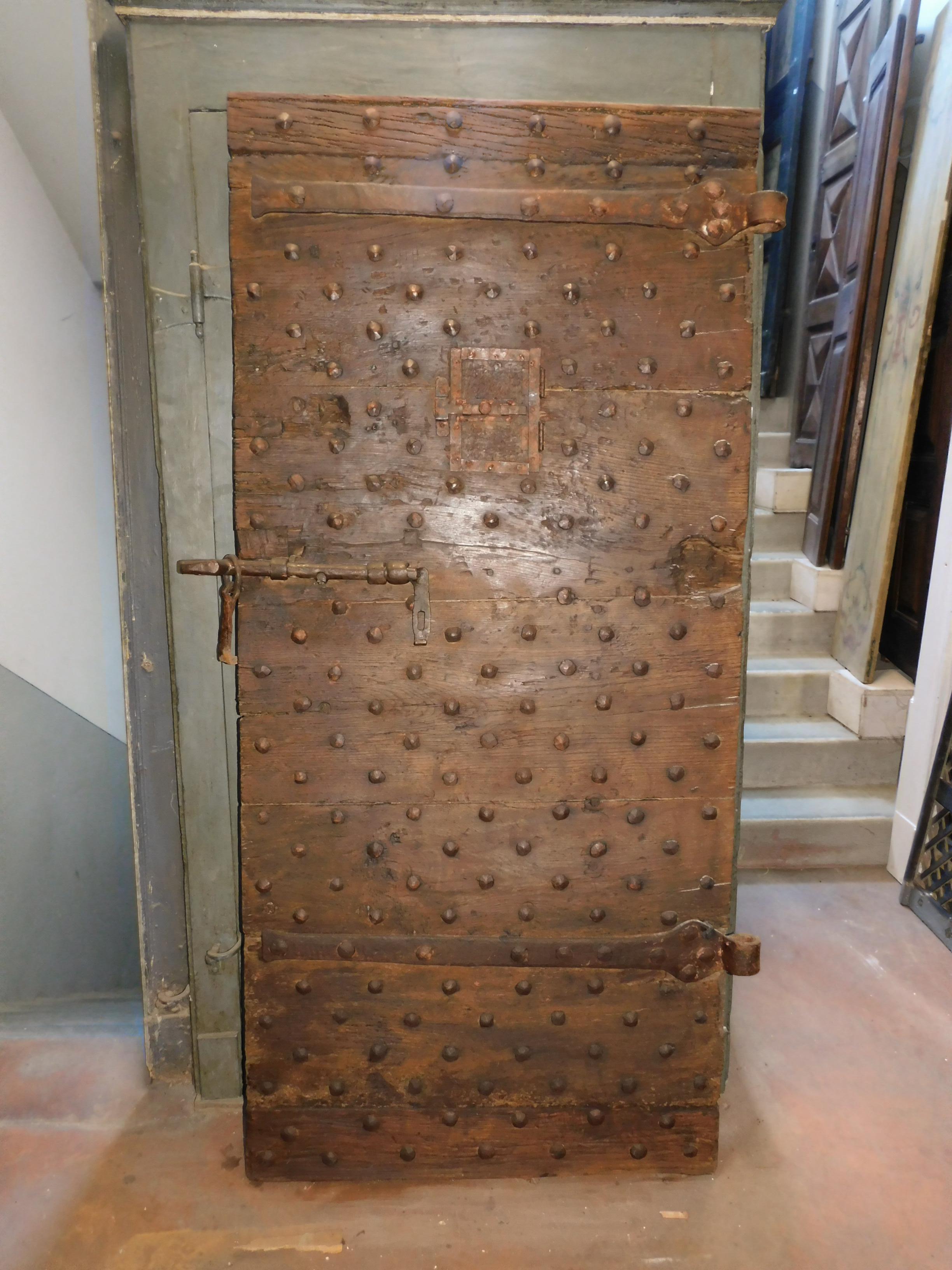 Antique Prison Door Studdet, Original Irons, Brown Wood, 19th Century, Italy 1