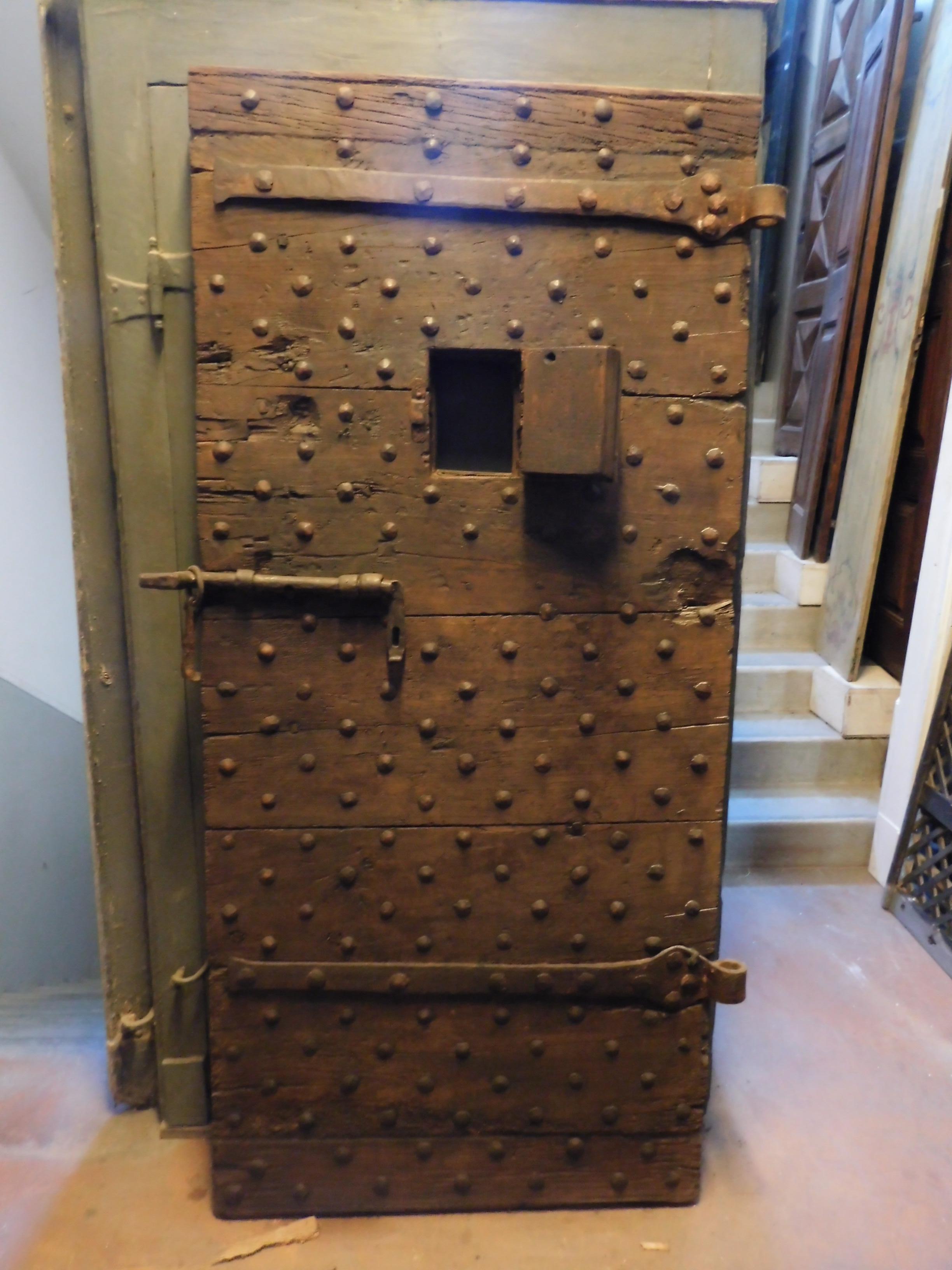 Antique Prison Door Studdet, Original Irons, Brown Wood, 19th Century, Italy 3