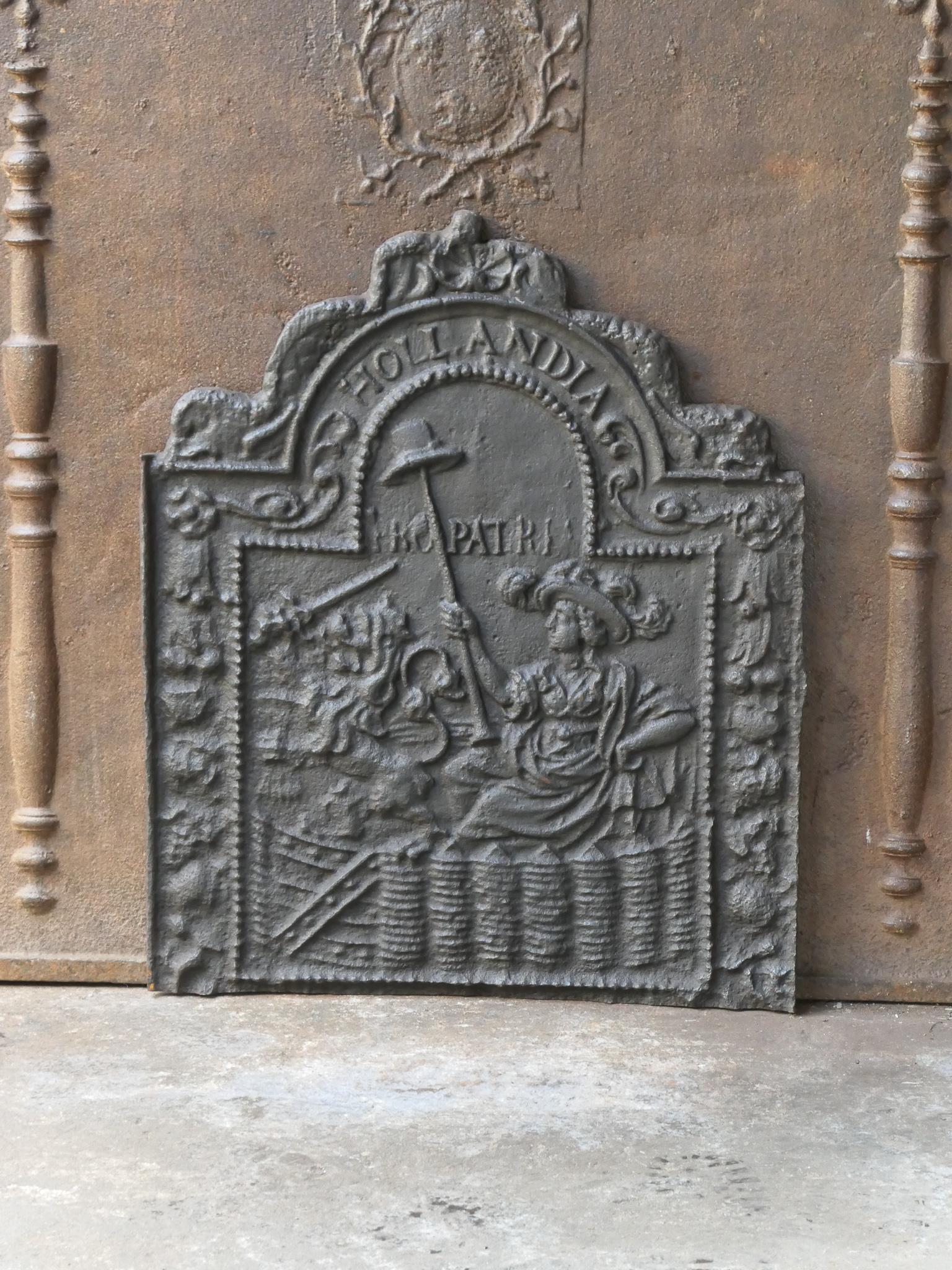 17th century 'Pro Patria' fireback. One of the first political firebacks with many symbols of the young Dutch republic. This picture was from about 1580 onwards the standard motive for the liberation of the Seven United Netherlands. The Dutch
