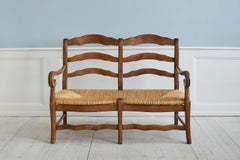Antique Provence Bench in Curved Wood with Rush Seat, France, 19th Century