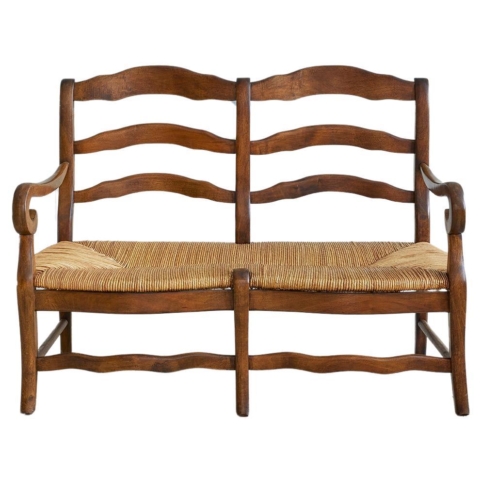 Antique Provence Bench in Curved Wood with Rush Seat, France, 19th Century For Sale