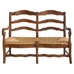 Antique Provence Bench in Curved Wood with Rush Seat, France, 19th Century