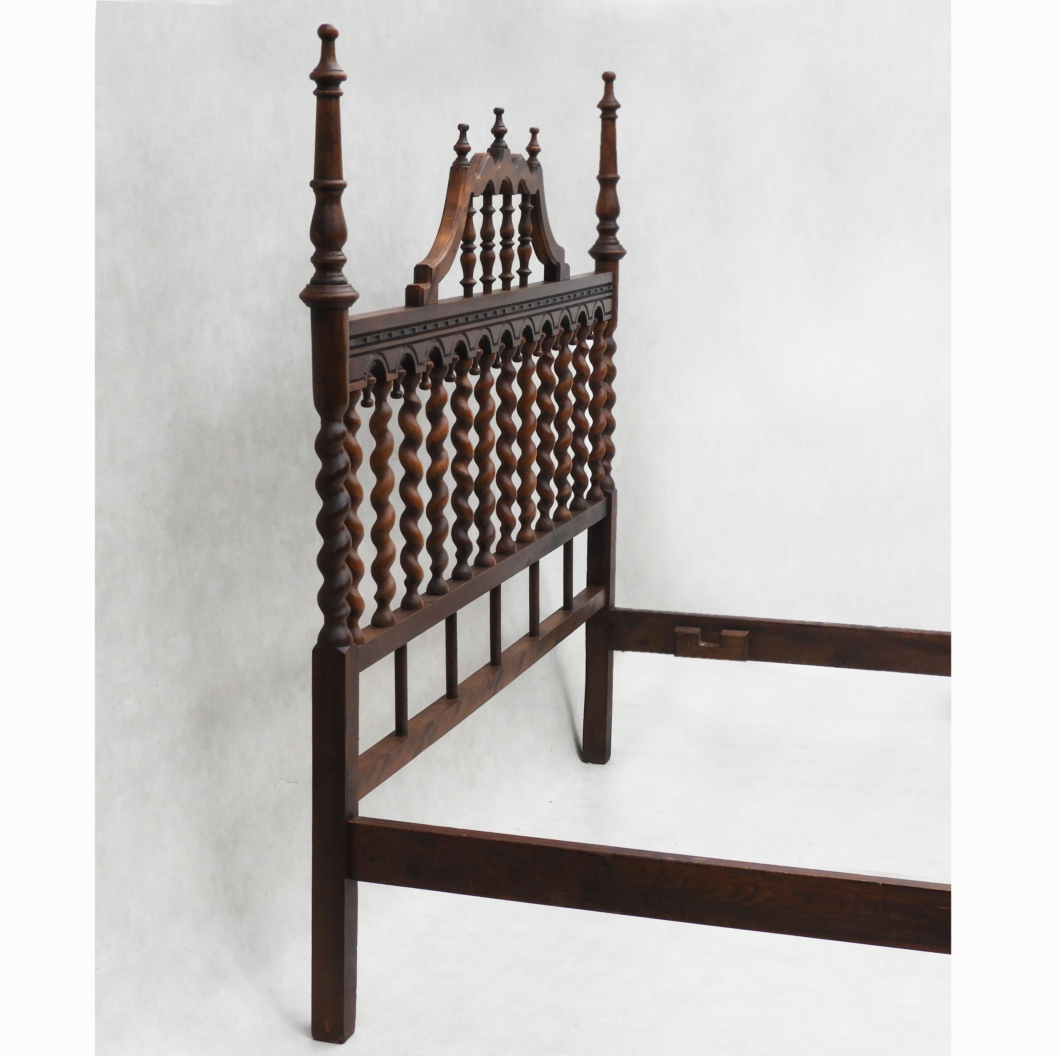 Carved Antique Provincial Spanish Four Poster Spindle Wood Bed, C1920