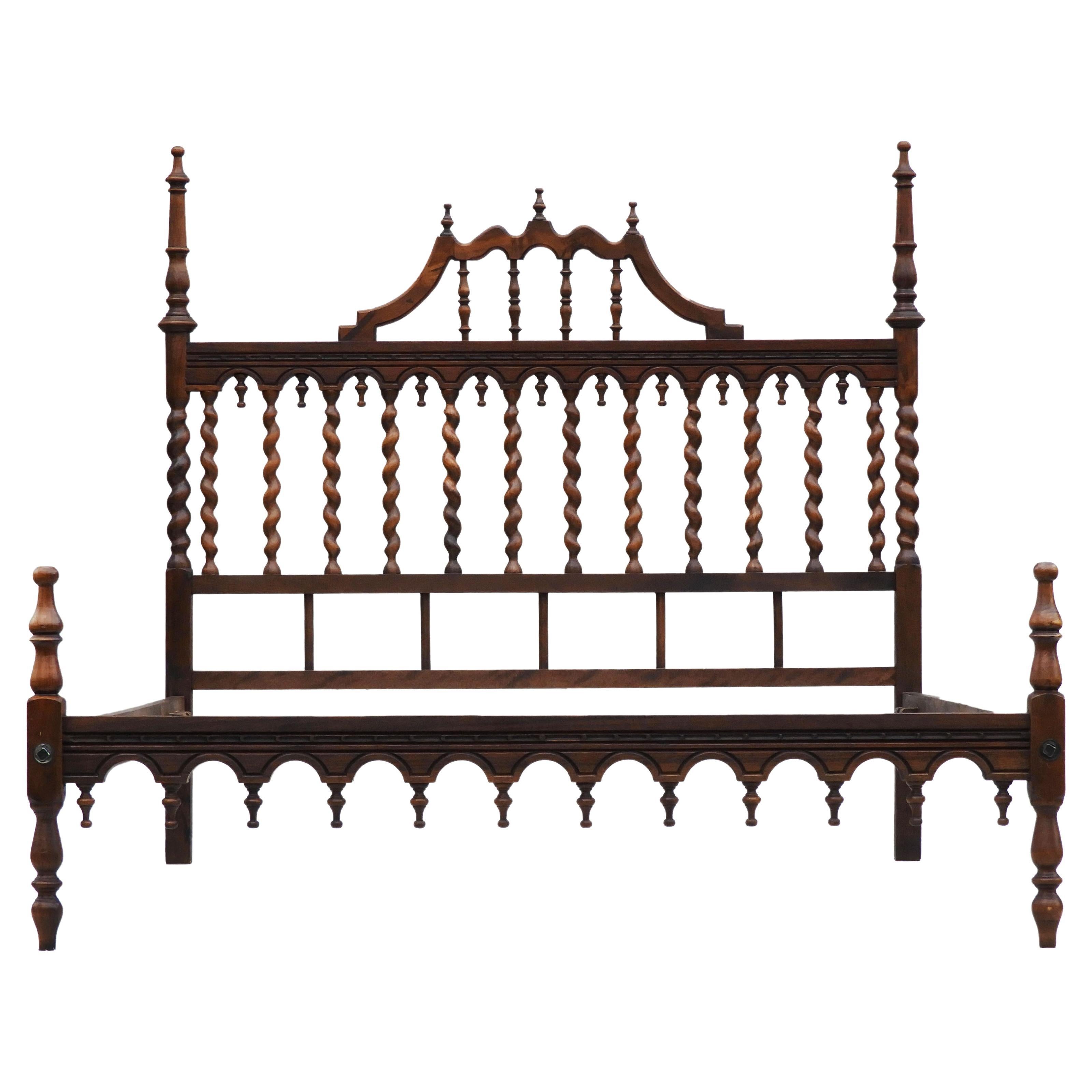 Antique Provincial Spanish Four Poster Spindle Wood Bed, C1920