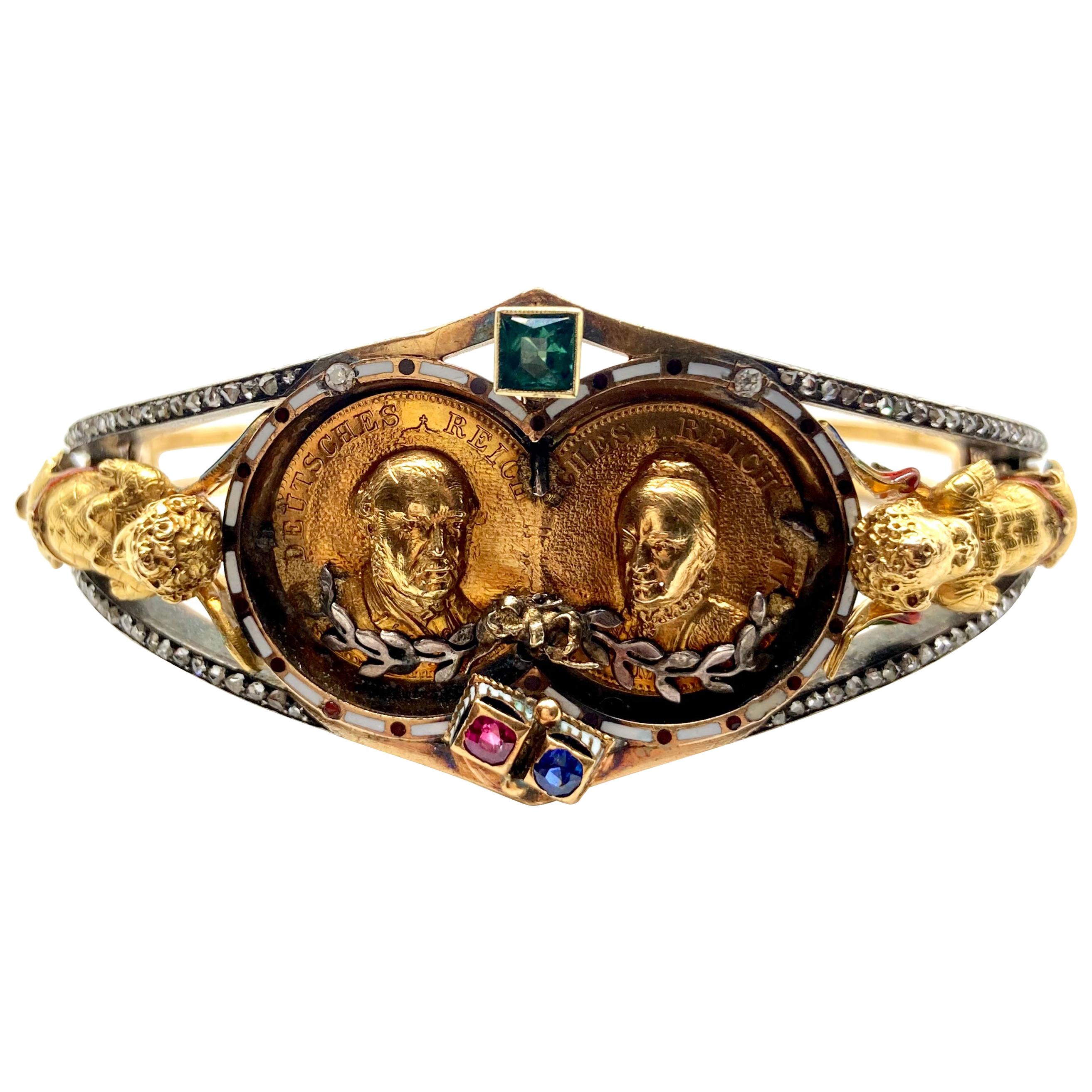 Bracelet manchette ancien en or de Prusse avec pièces de monnaie, pierres précieuses et émail en vente
