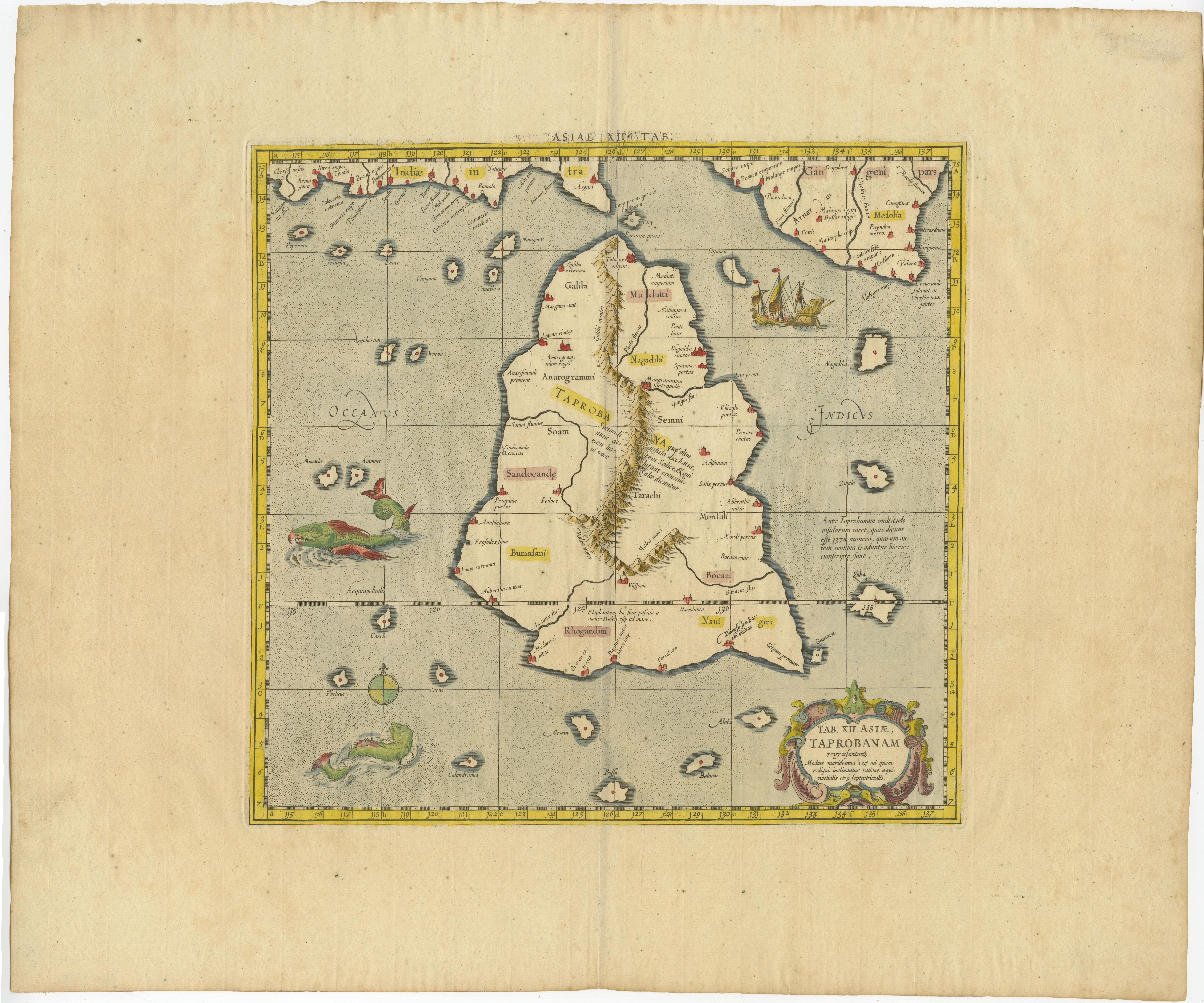 Antique map titled 'Tab XII. Asiae Taprobanam'. Ptolemaic map of Sri Lanka. Ptolemy drew on the accounts of travelers and sailors and though the information was secondhand and often inaccurate it represented the most advanced account of the world's