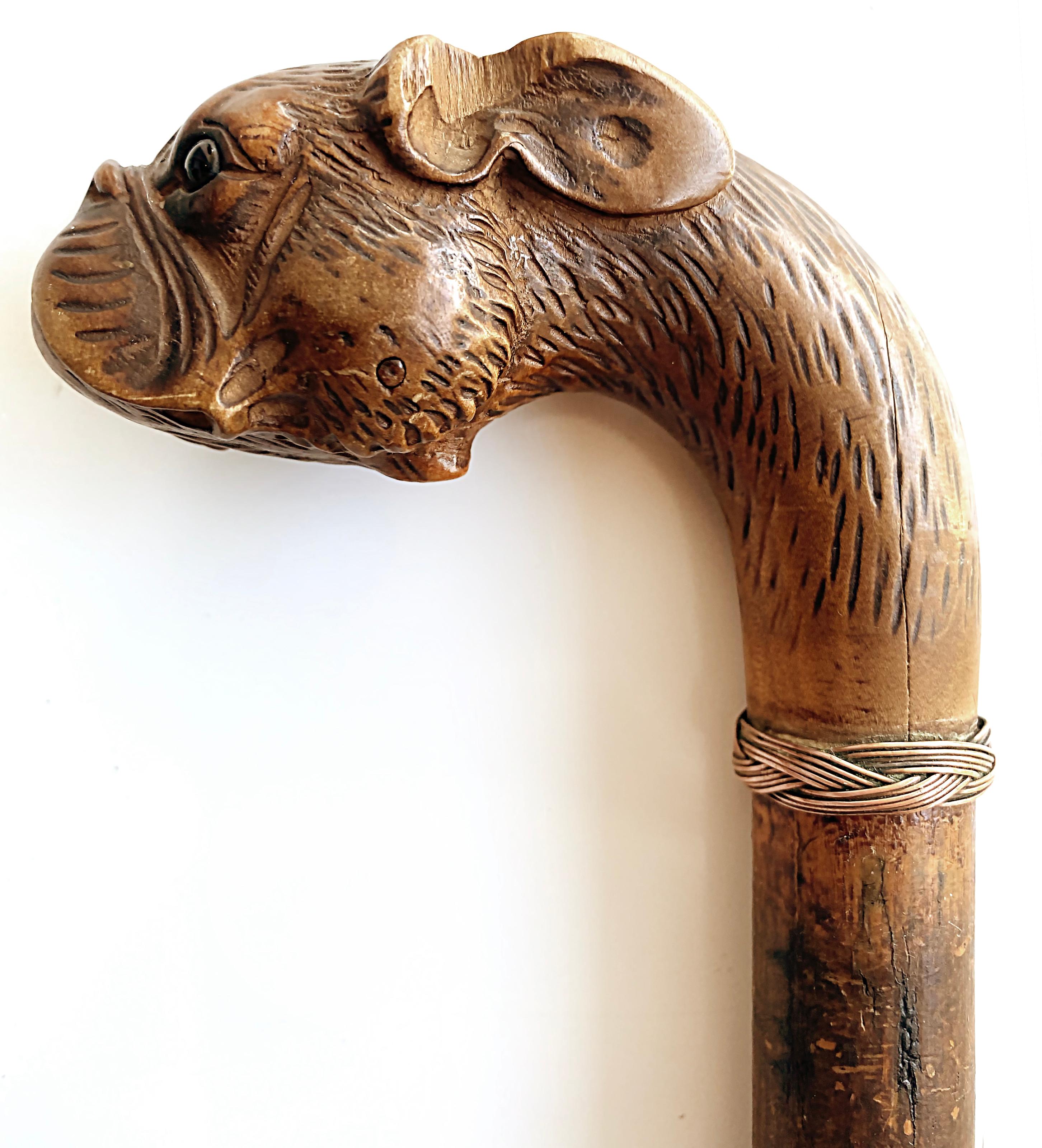 English Antique Pug French Bull Dog Glove Holder Walking Stick Cane For Sale