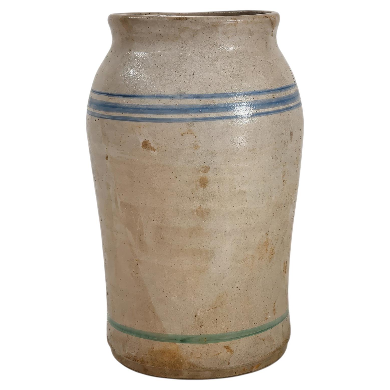 Antiguo Recipiente de Almacenamiento de Terracota Esmaltada en Crema de Puglia, 1880