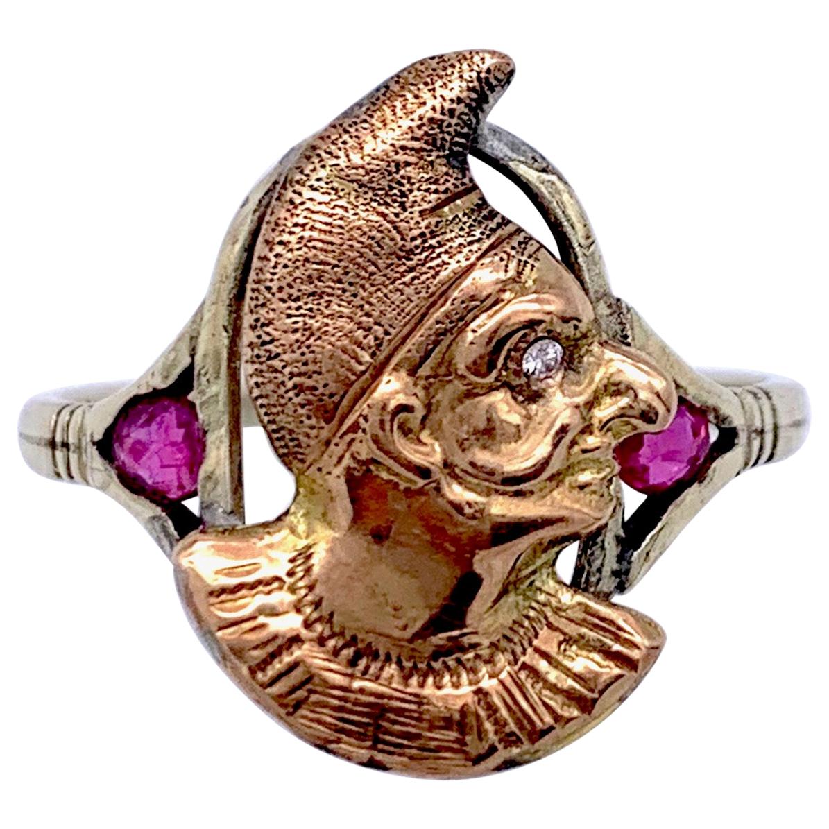 Antique Italien Pulcinella Comedia Del Arte Three Colour Gold Ruby  Ring Diamond For Sale