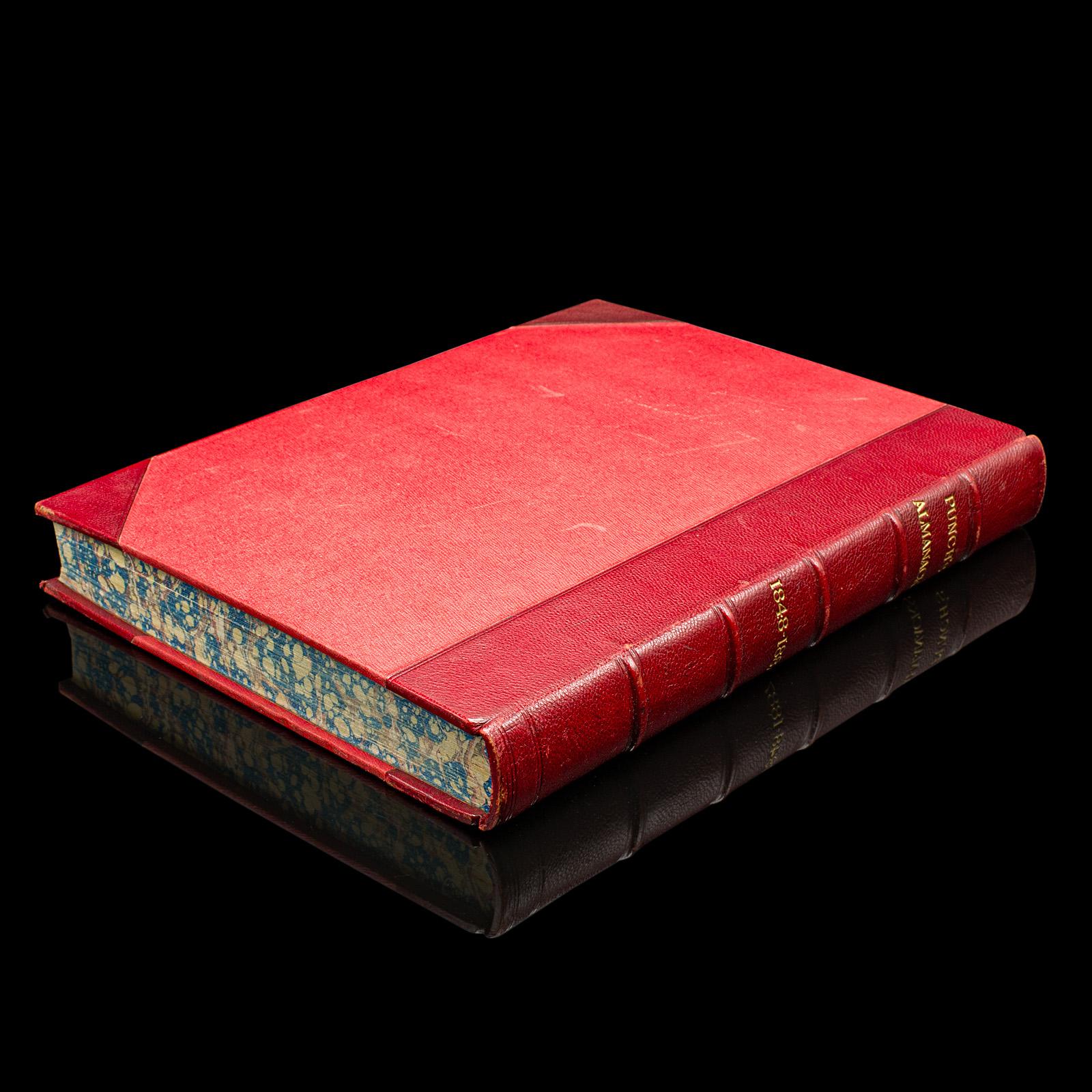 This is an antique Punch's almanac compendium for 1848-1887. An English, bound illustrated annual set, dating to the late Victorian period, circa 1880.

Established in 1841, Punch magazine was a weekly publication of humour and satire, illustrated