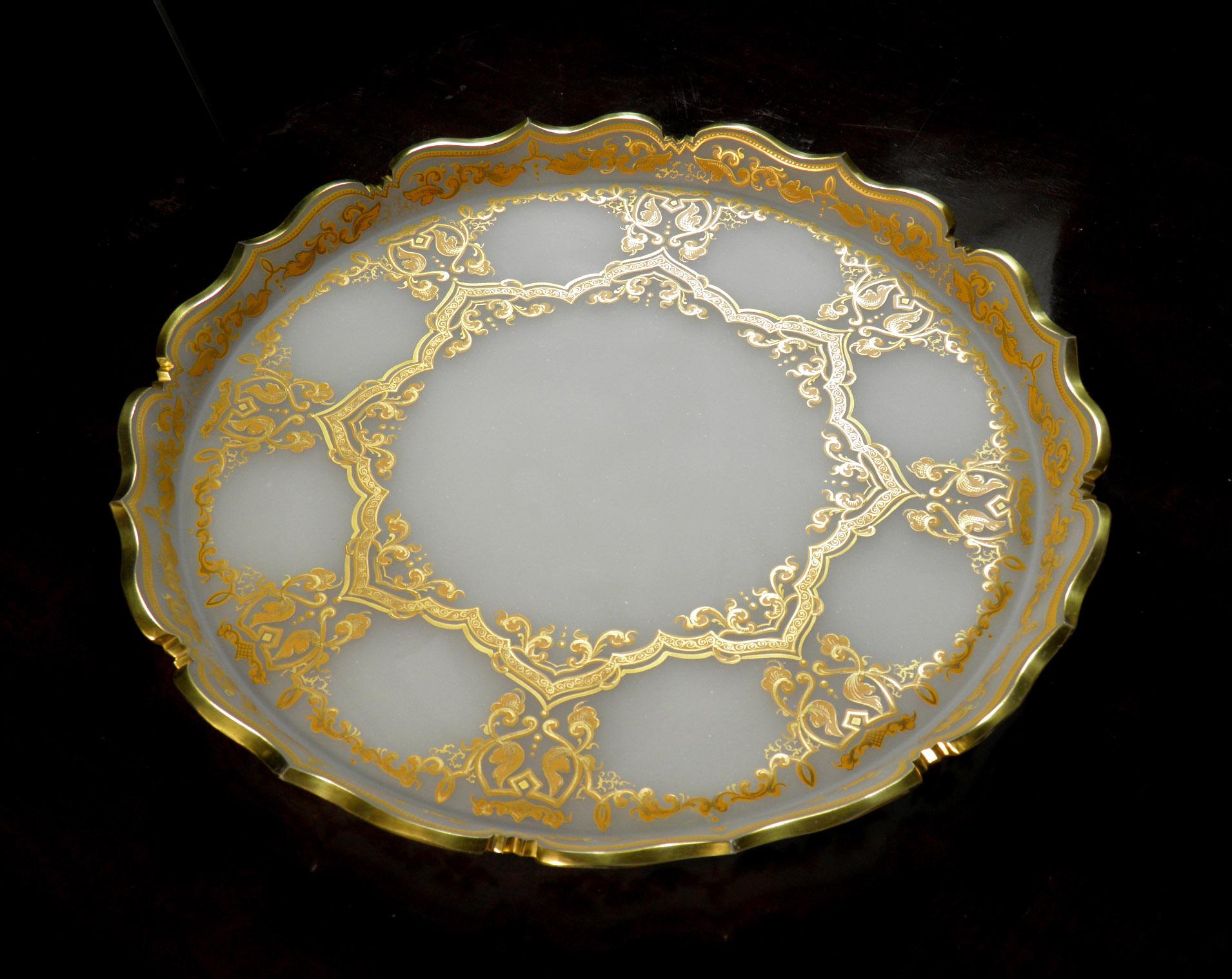 Czech Antique Punch Bowl Opal Bohemian or France Glass Hand cut, painted and Gilded