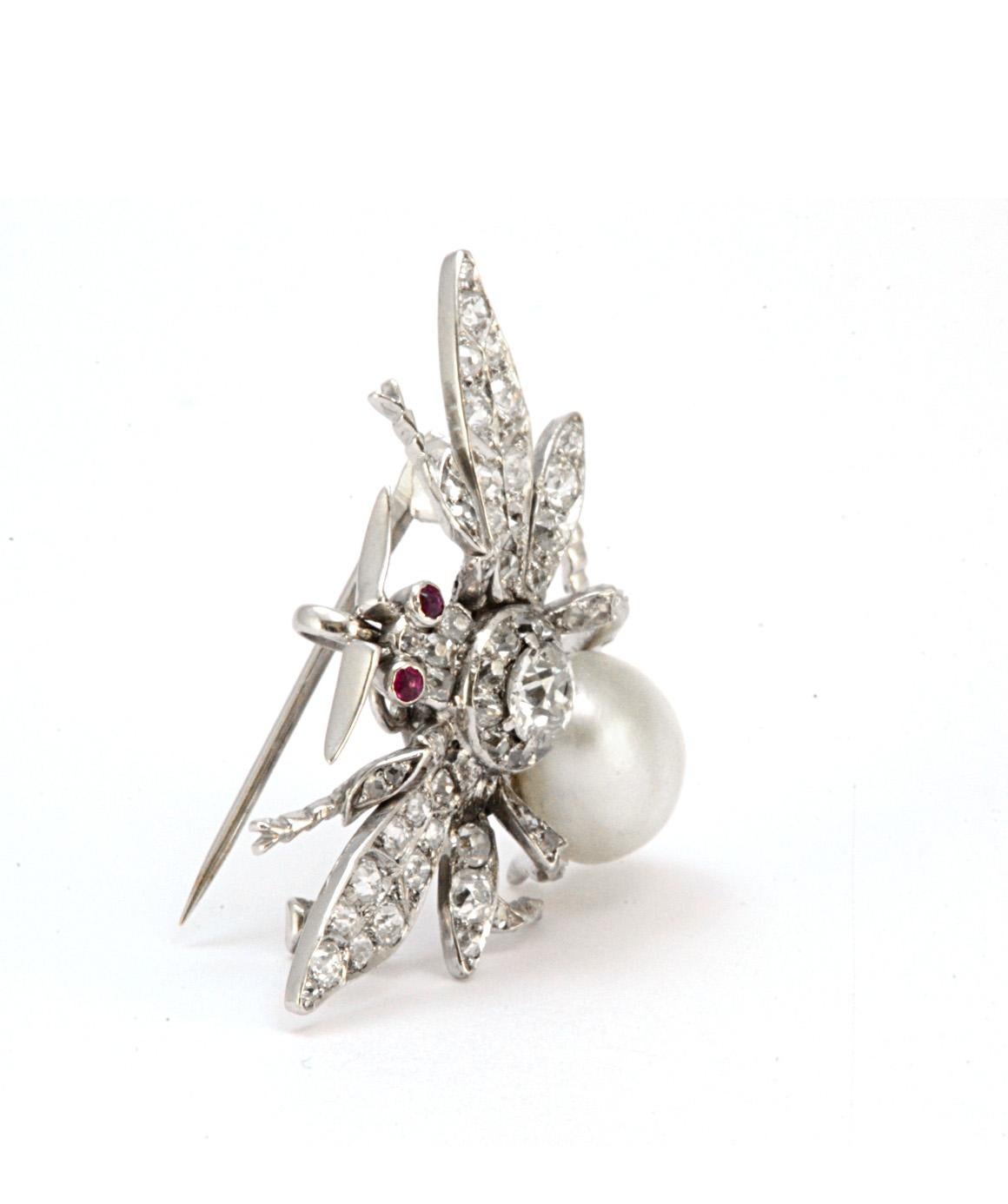 Women's or Men's Antique Pure Platinum Bee Brooch with Genuine Ruby, Pearl and Natural Diamond