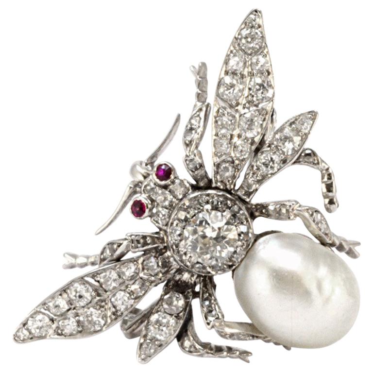 Antique Pure Platinum Bee Brooch with Genuine Ruby, Pearl and Natural Diamond