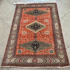 Old Pure Silk Persian Accent Rug in Orange
