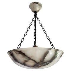 Antique Pure White Alabaster & Black Veins 1920s Art Deco Pendant / Flush Mount
