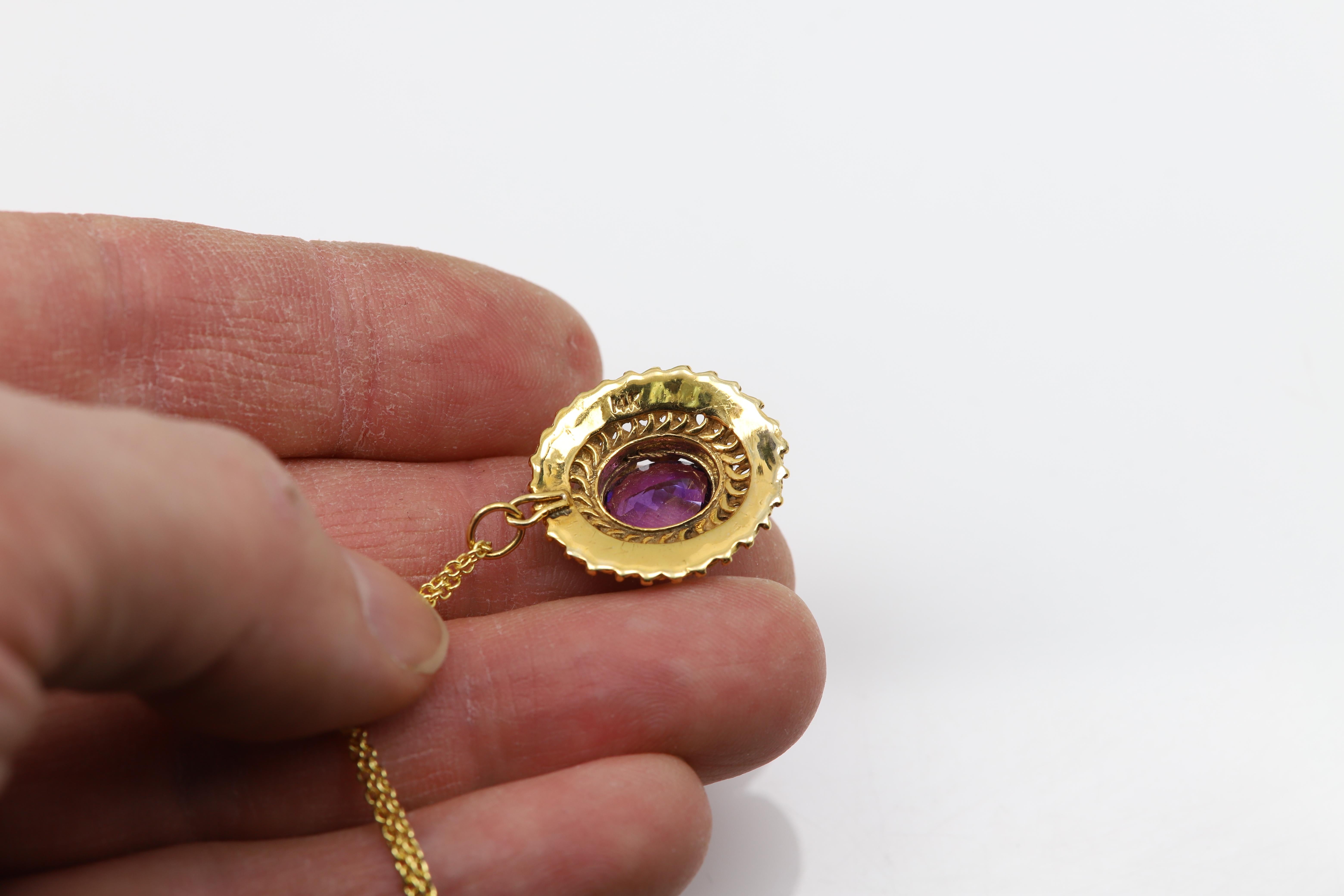 Antique Purple Amethyst Gemstone Pendant 14 Karat Yellow Gold Oval Amethyst  For Sale 4