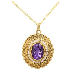 Vintage Purple Amethyst Gemstone Pendant 14 Karat Yellow Gold Oval Amethyst 