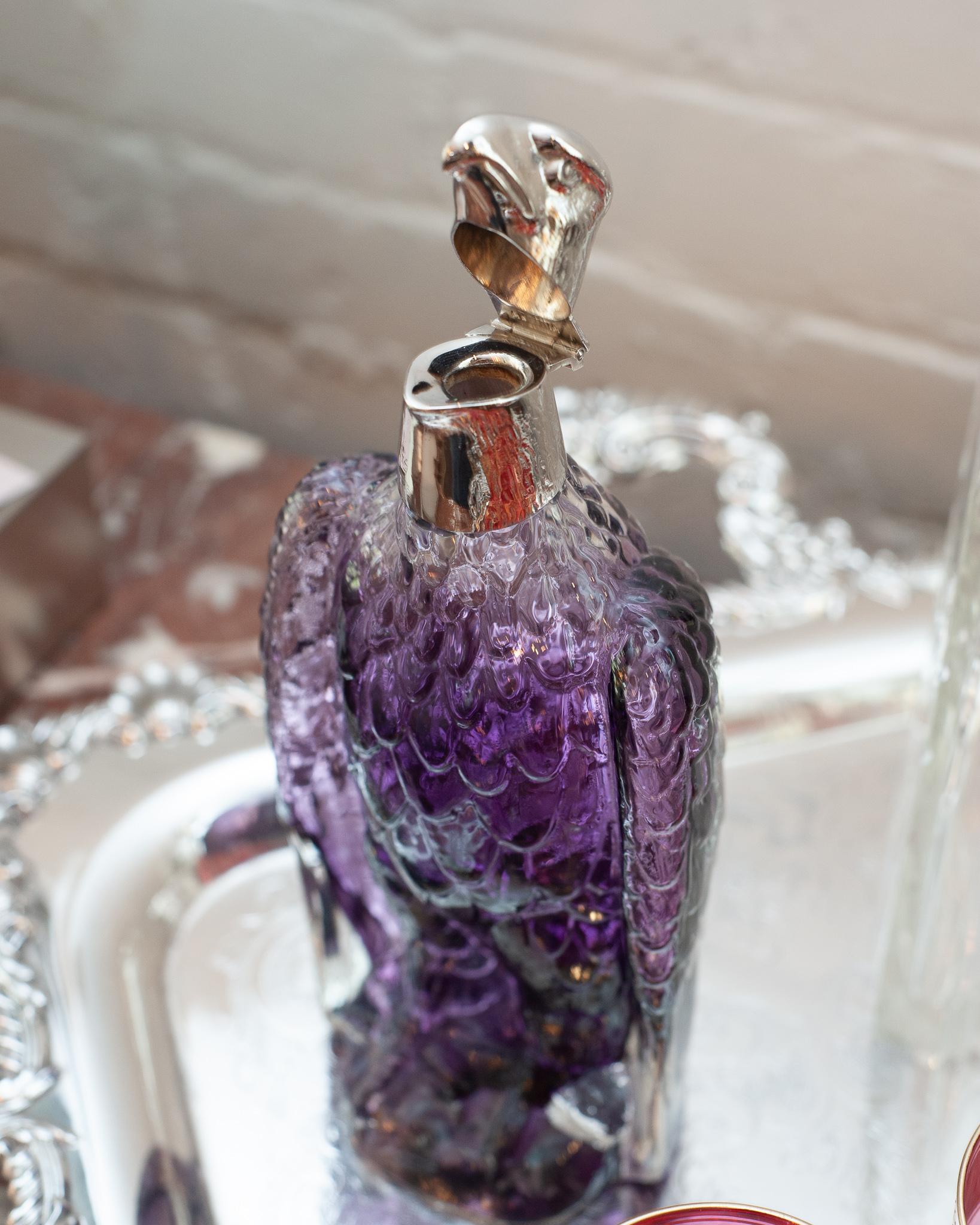 20th Century Antique Purple and Clear Crystal Eagle Decanter with Silver Head