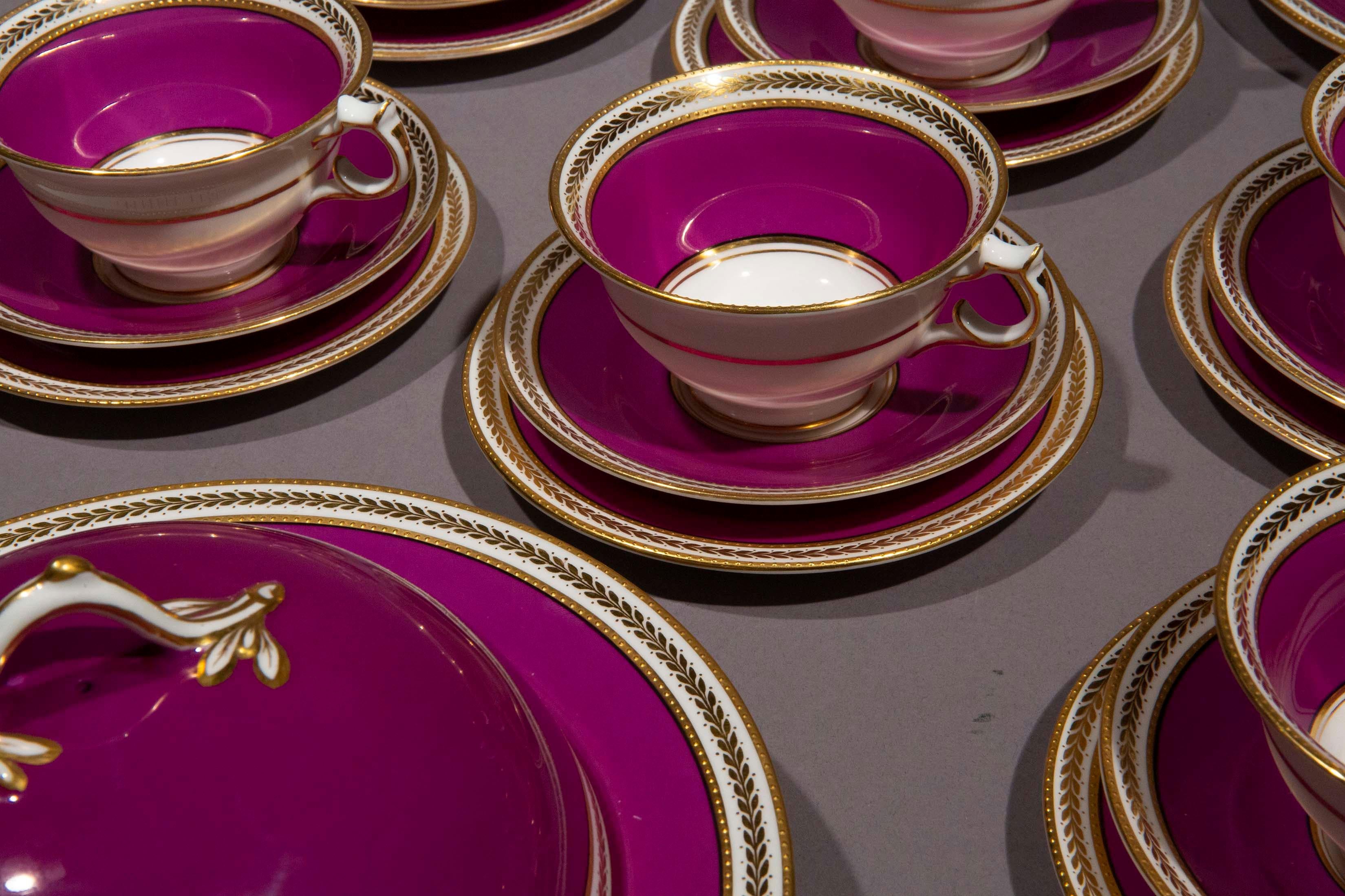 Antique Purple and Gold Porcelain Tea Set for Eight Persons For Sale 1