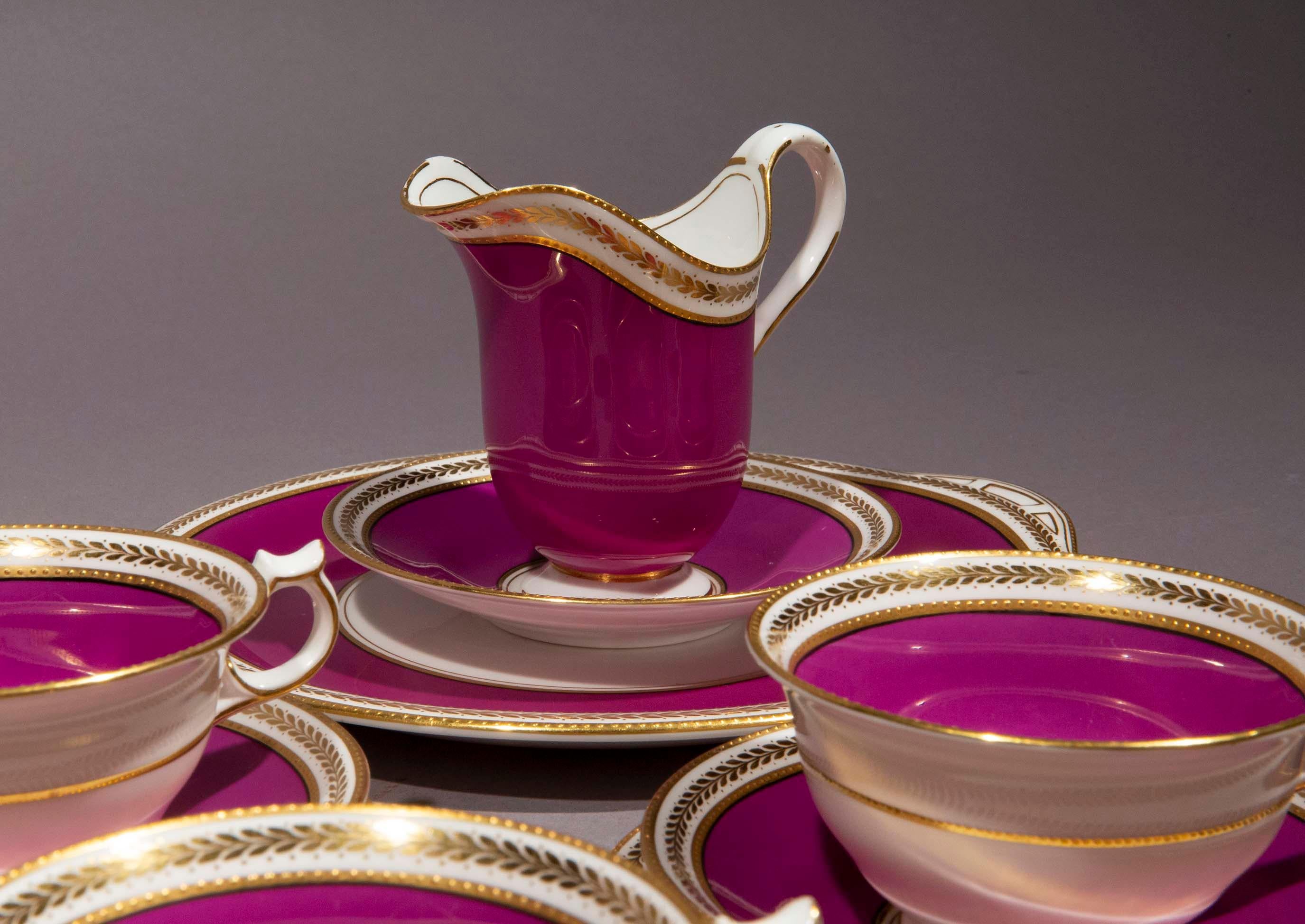 Antique Purple and Gold Porcelain Tea Set for Eight Persons For Sale 4