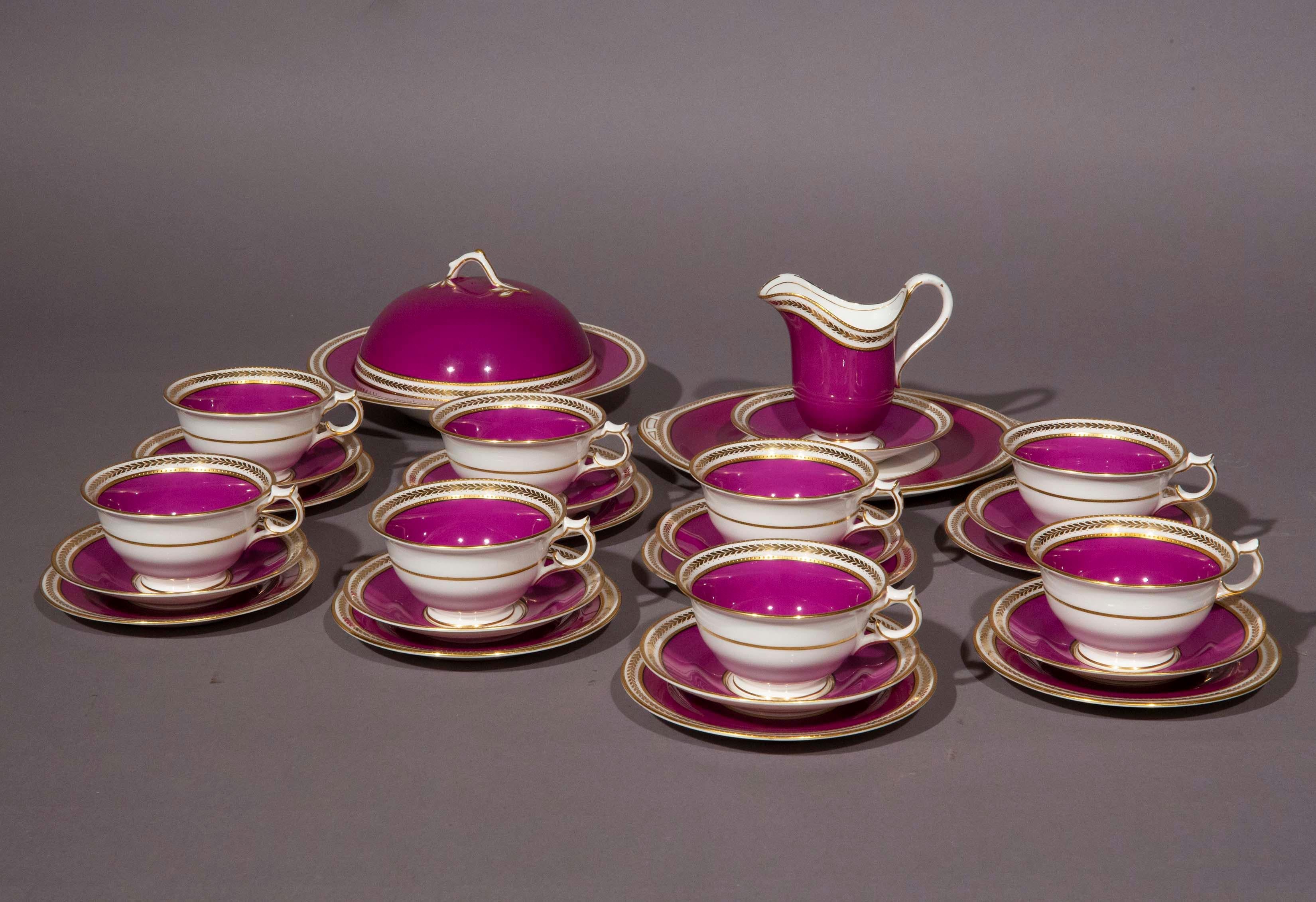 A very fine Crescent Ware porcelain eight place tea set, finely decorated with gold over royal purple ground, retailed by Phillips of New Bond Street, London.
England, circa 1908–1920.

Why we like it
A rare and very decorative colour combination,