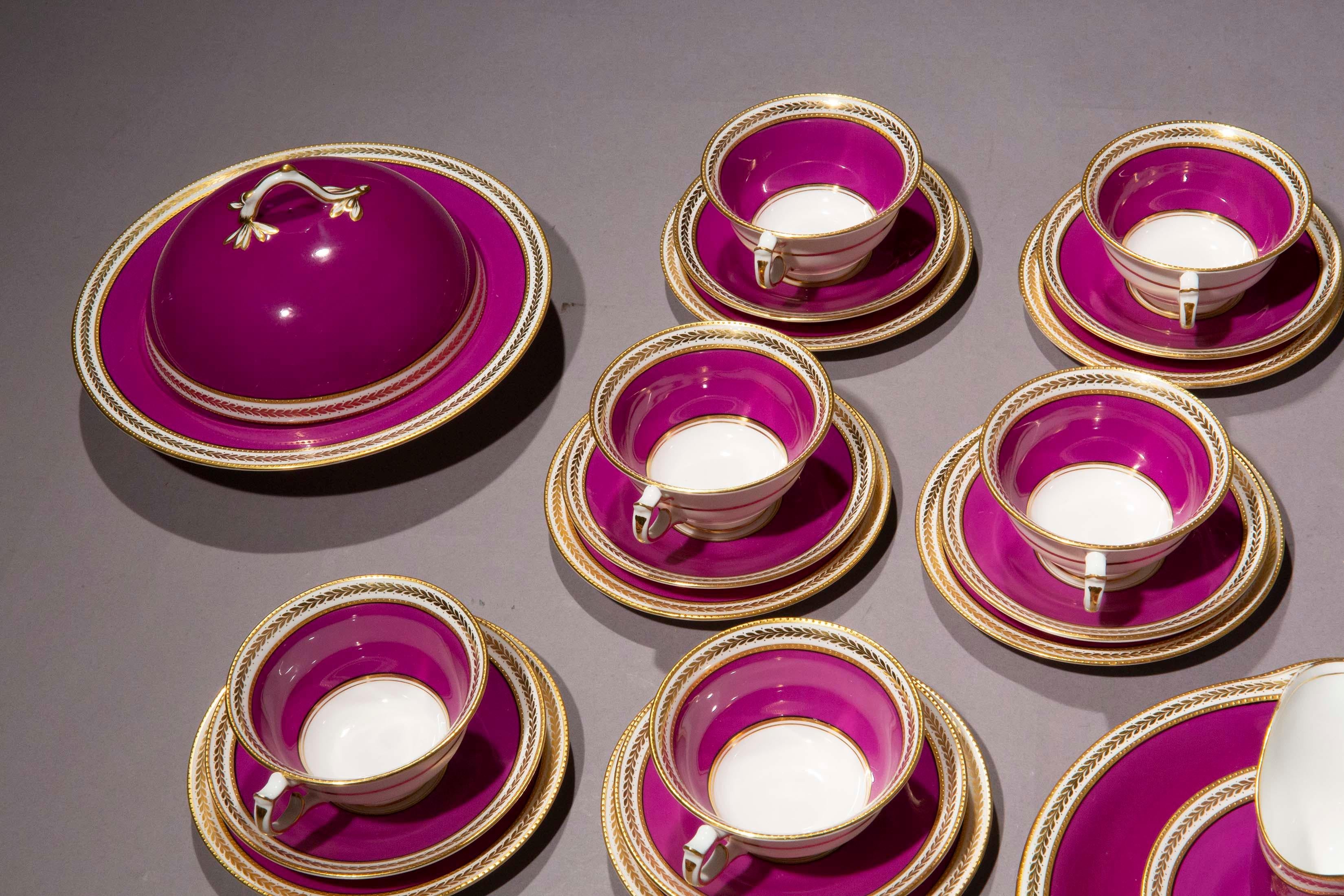 English Antique Purple and Gold Porcelain Tea Set for Eight Persons For Sale