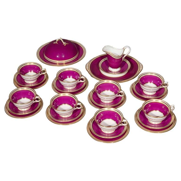 Antique Purple and Gold Porcelain Tea Set for Eight Persons For Sale at