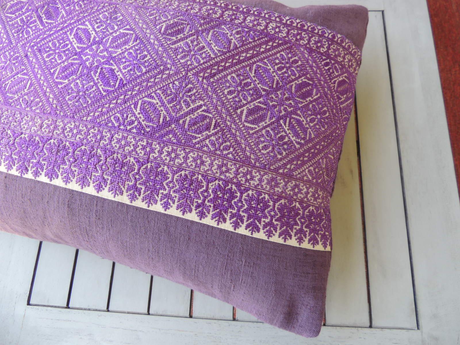 Moroccan Antique Purple and White Embroidered Fez Decorative Bolster Pillow