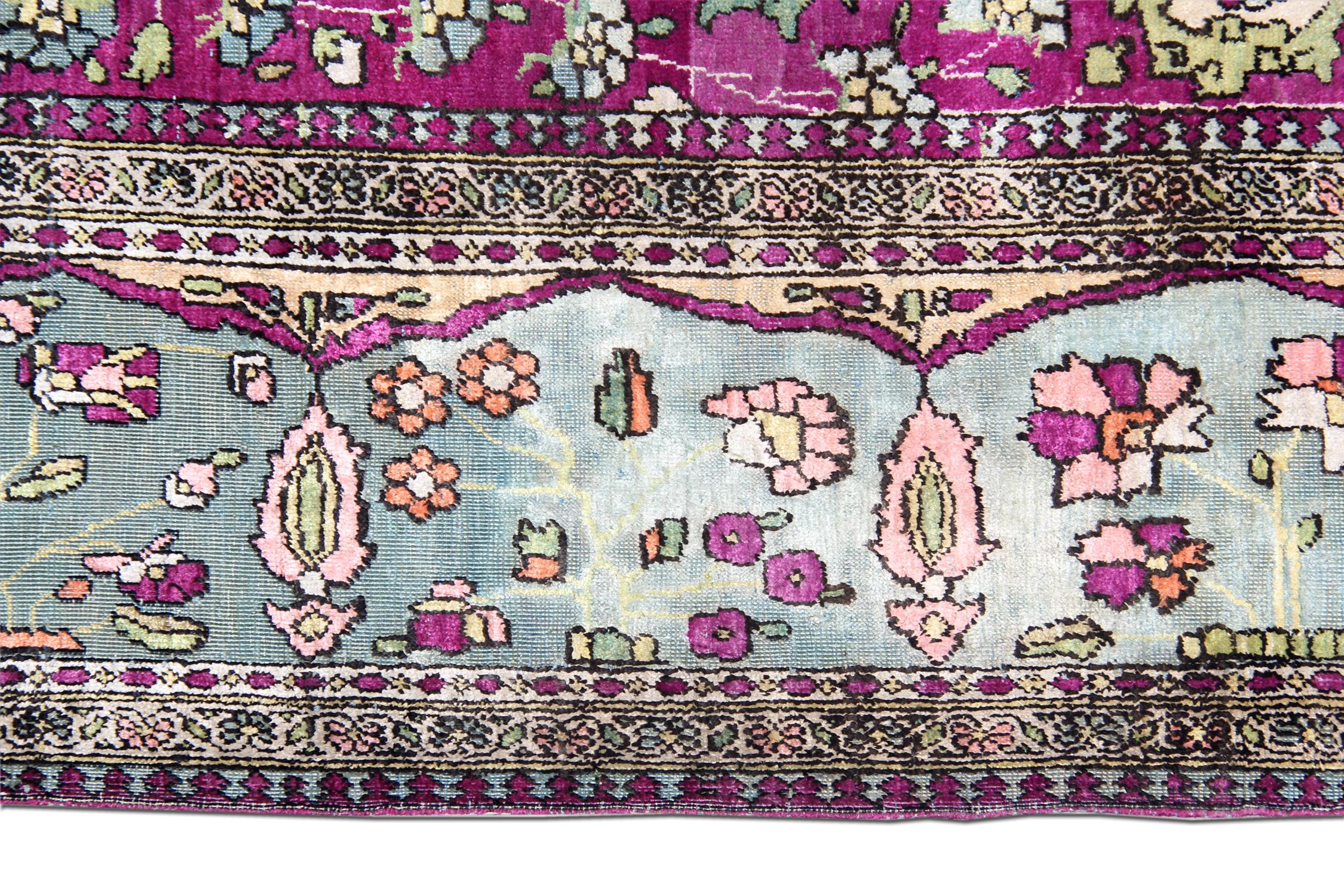 Late 19th Century Antique Purple Cream Silk Rug Handwoven Mohtasham Living Room Carpet For Sale