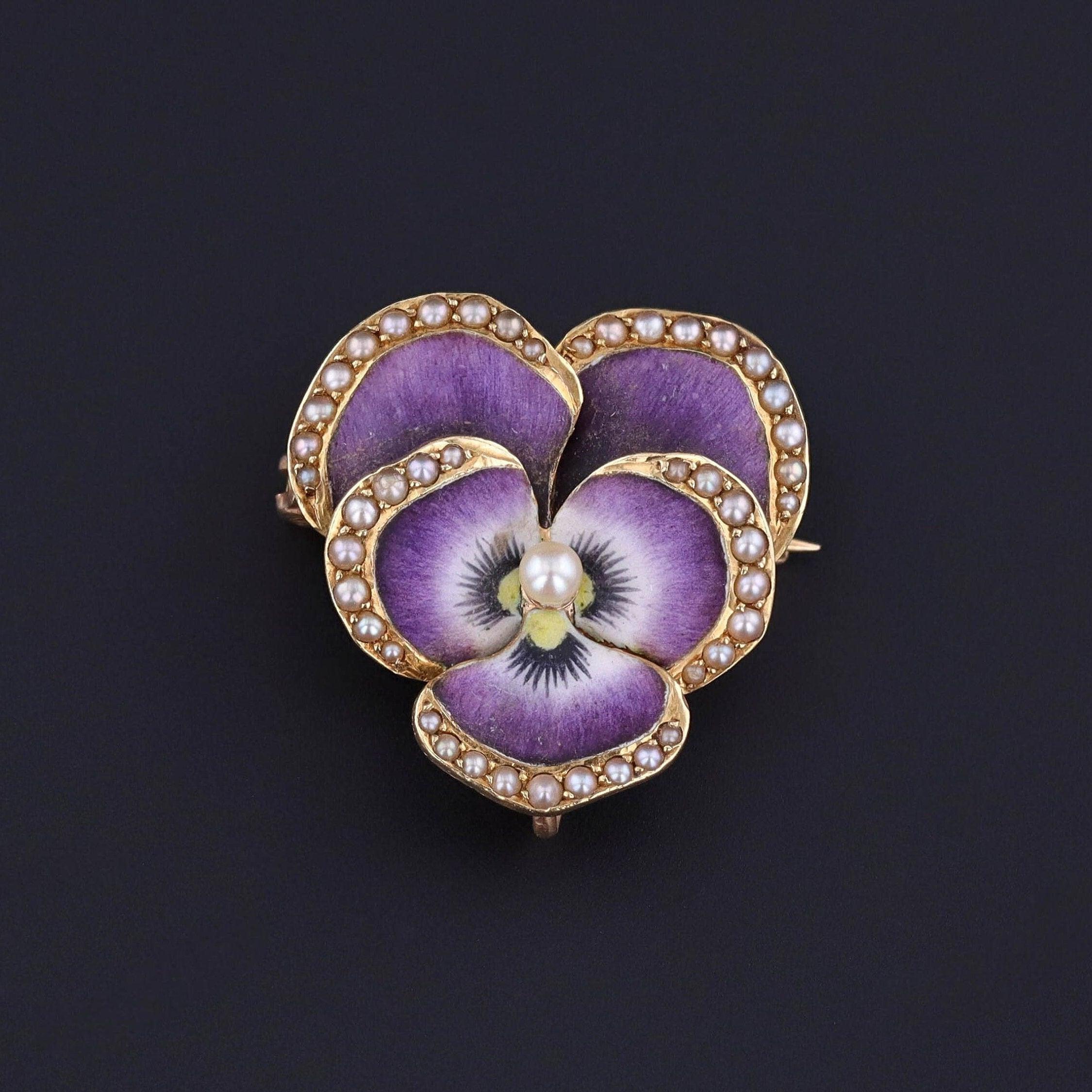 Art nouveau Krementz Broche pansy ancienne en or 14 carats et émail violet en vente