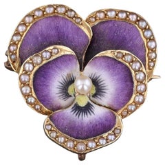 Antique Purple Enamel Pansy Brooch of 14k Gold by Krementz