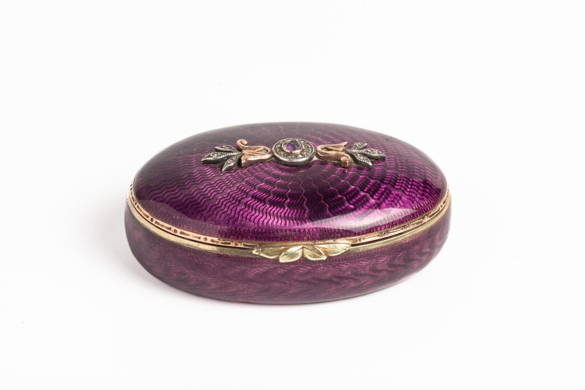 Oval Cut Antique Purple Guilloché Enamel Amethyst Box For Sale