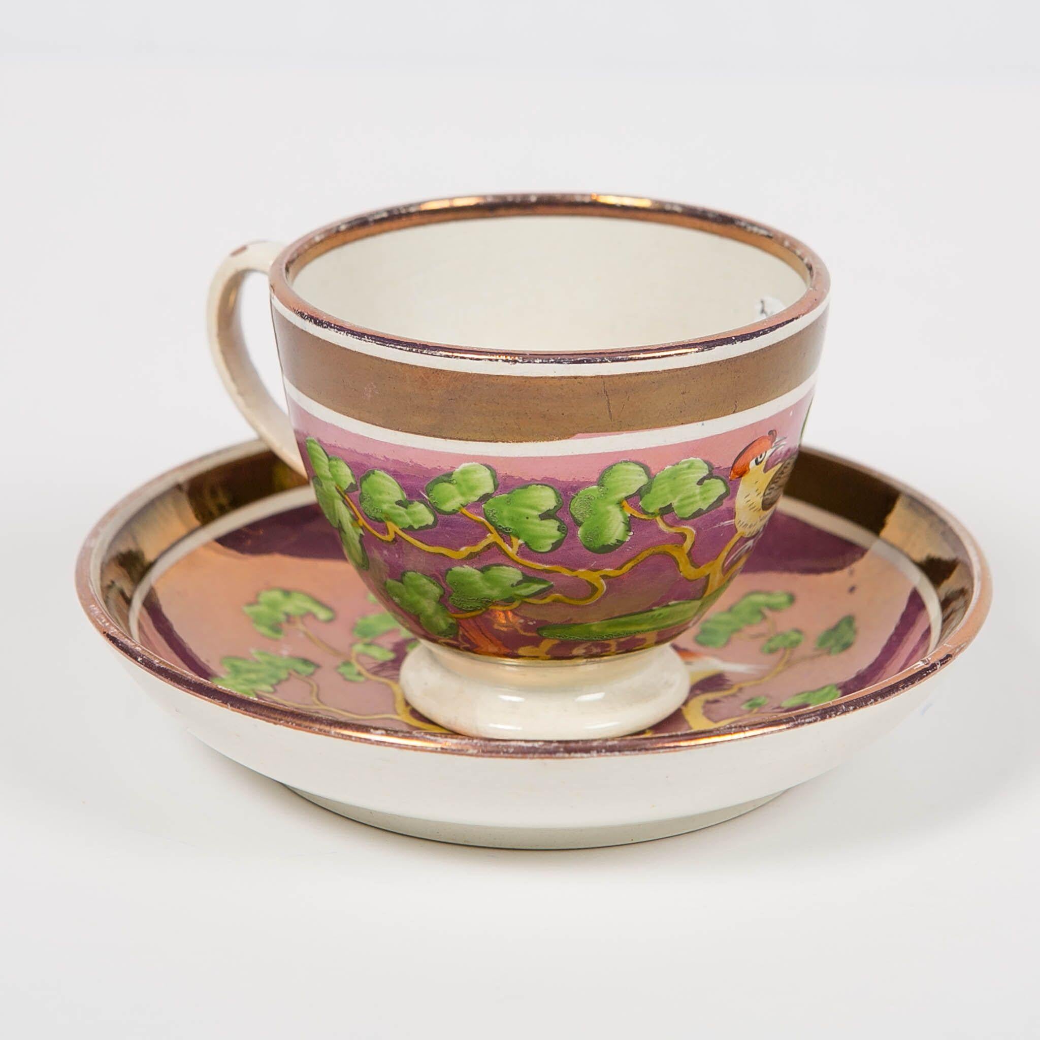 Antique Purple Lustre Cup and Saucer Hand Painted in England, circa 1830 In Good Condition In Katonah, NY