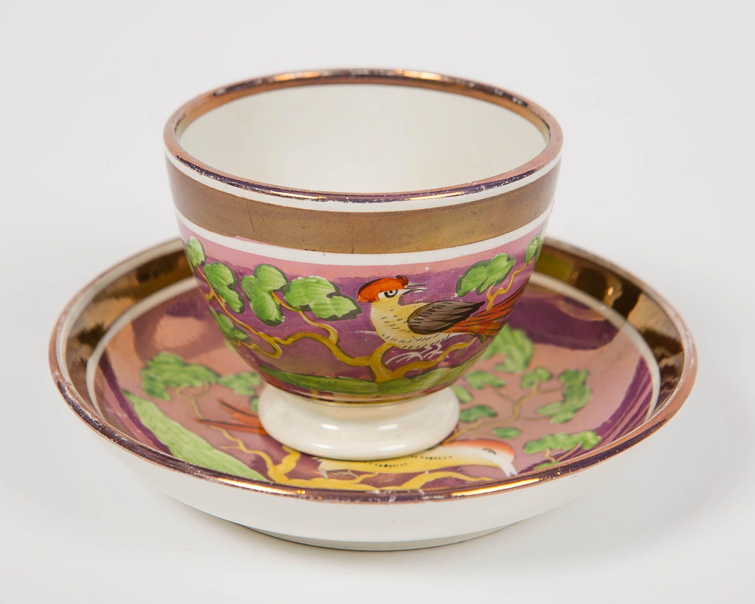 19th Century Antique Purple Lustre Cup and Saucer Hand Painted in England, circa 1830