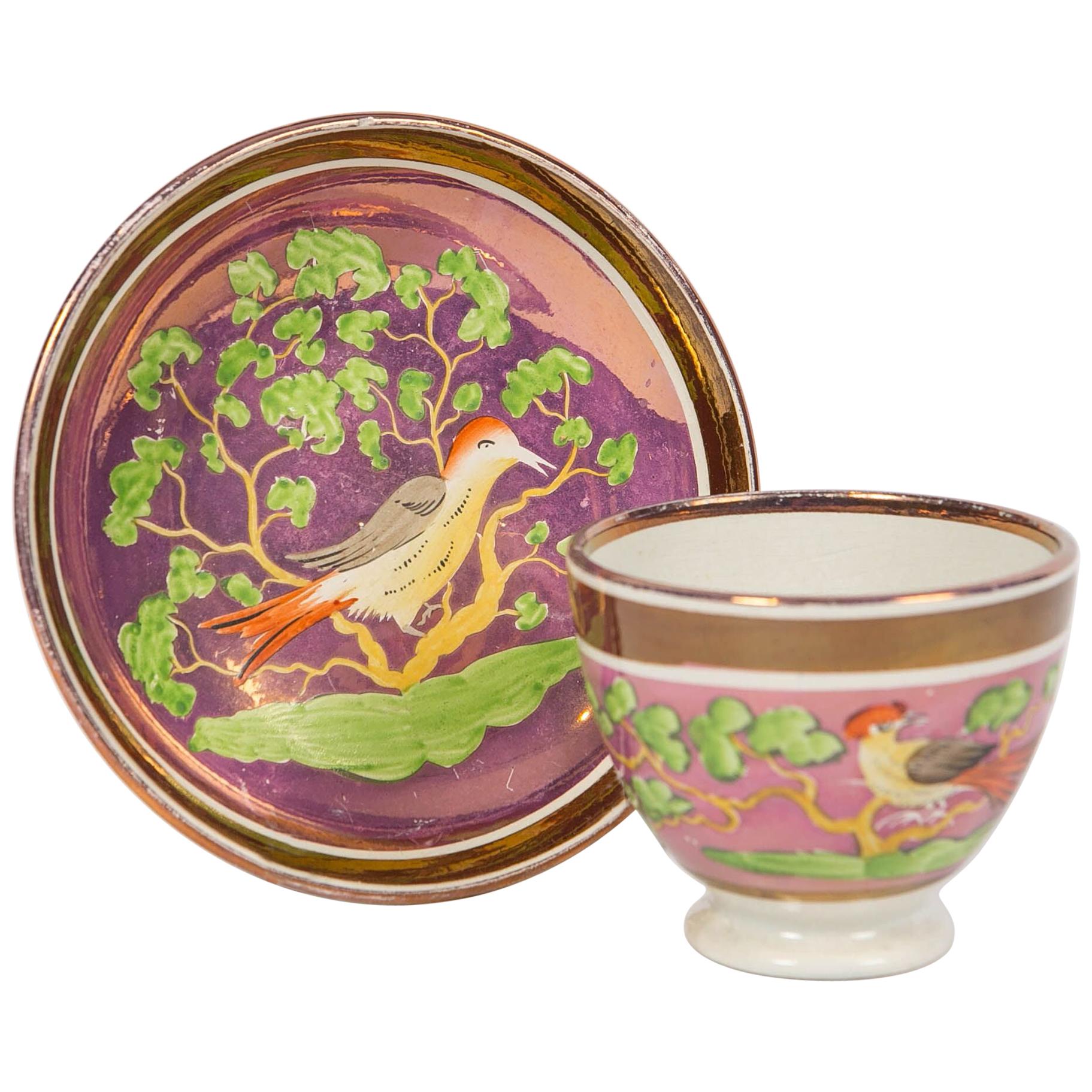 Antique Purple Lustre Cup and Saucer Hand Painted in England, circa 1830
