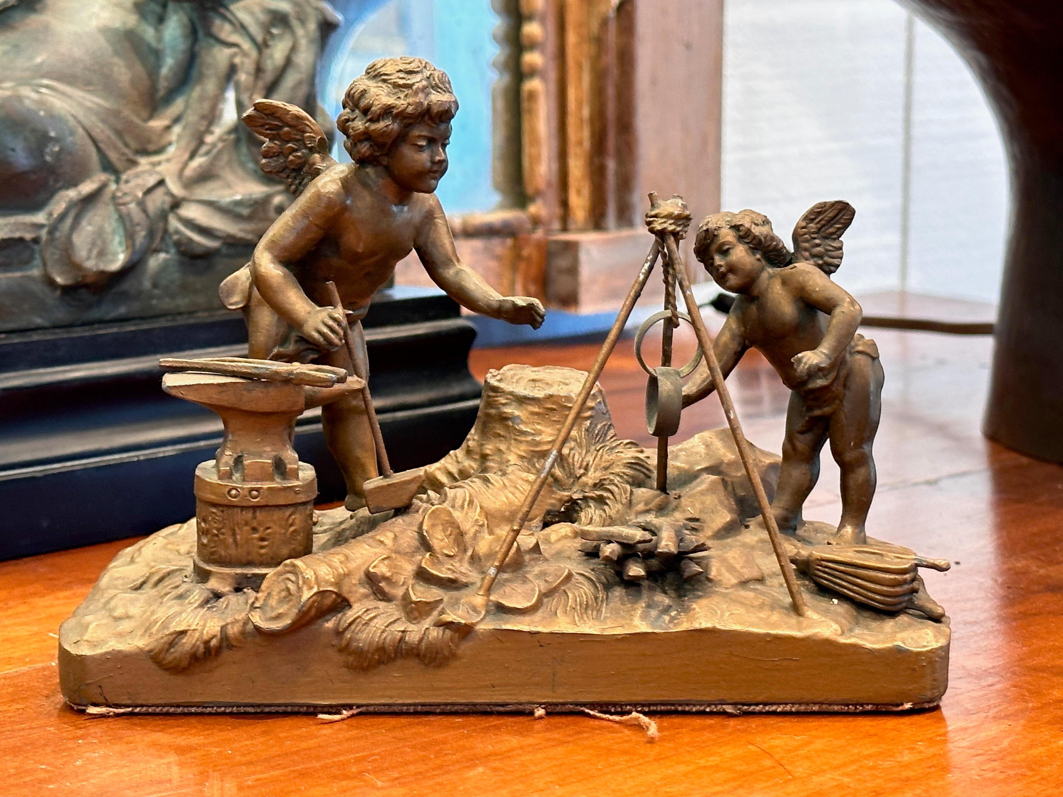 Antique Putti at the Fire Sculpture In Good Condition For Sale In Charlottesville, VA