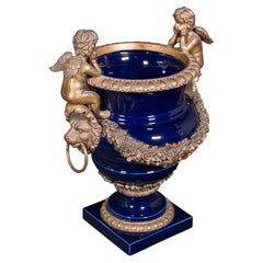 Antique Putti Jardiniere Urn, Italian, Gilt, Ceramic, Planter, Vase, Victorian
